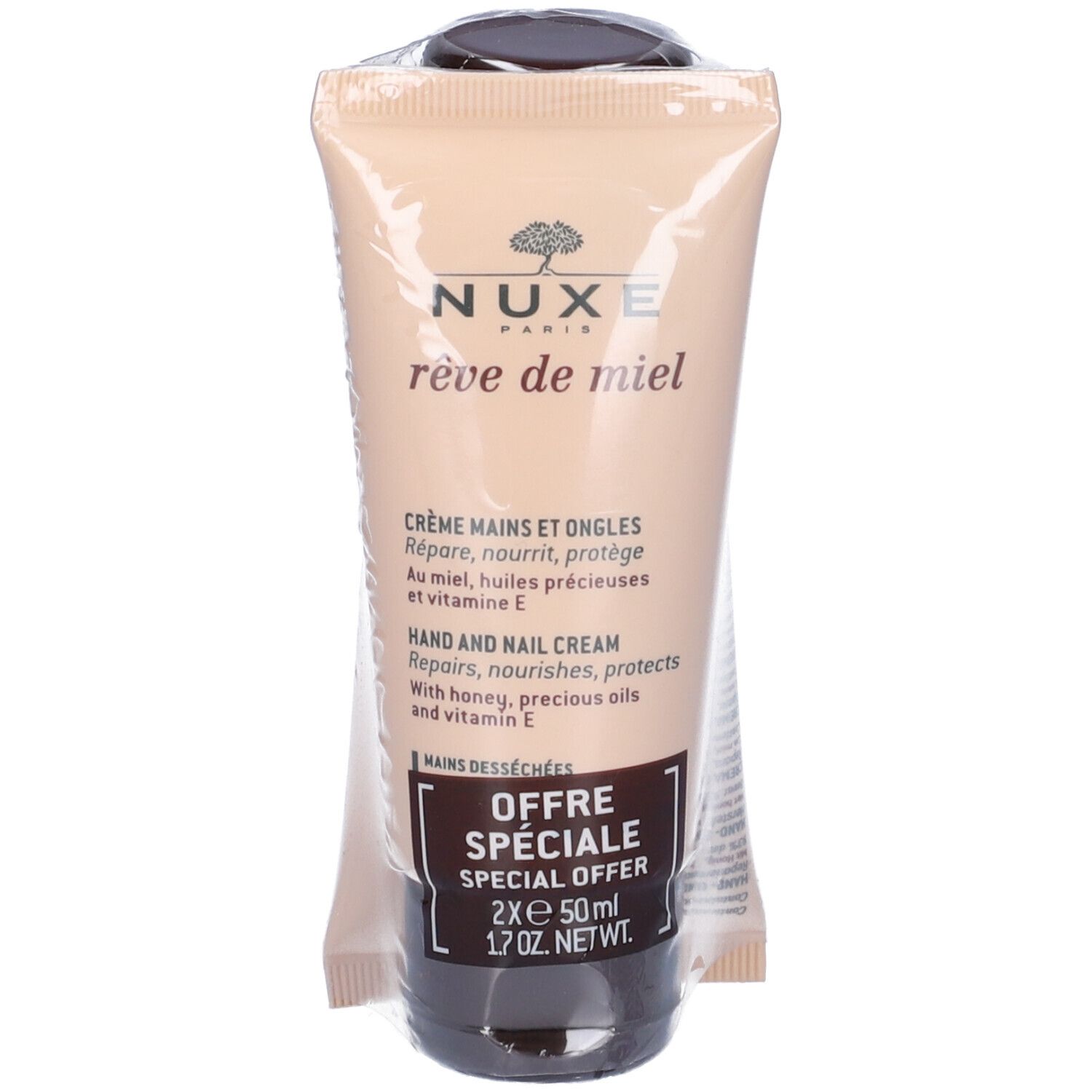 Crema mani e unghie Nuxe in confezione. Tubo con testo e logo. Offerta speciale: 2x50ml.