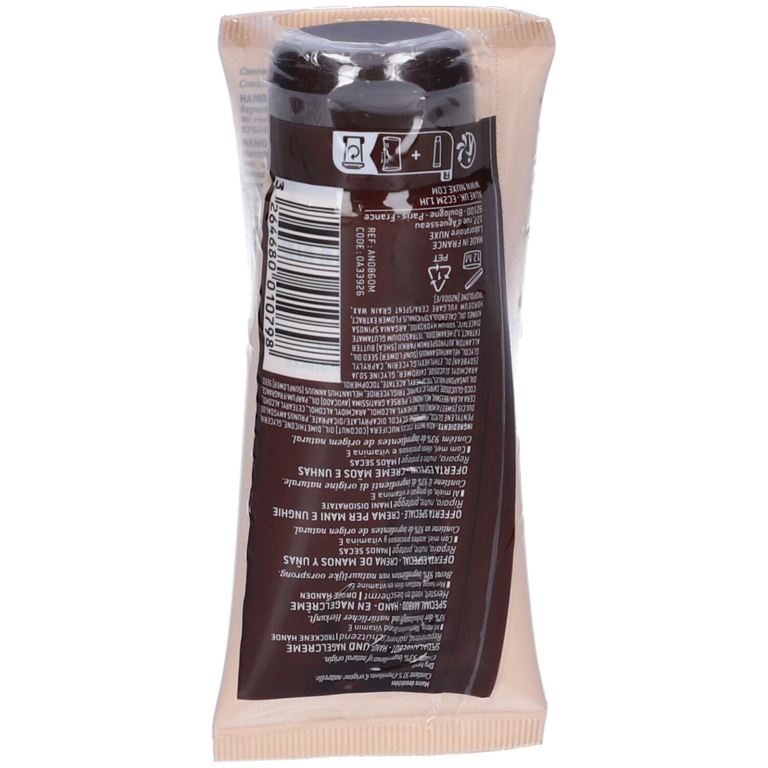 Retro del tubo di crema mani e unghie in confezione. Testo e informazioni.