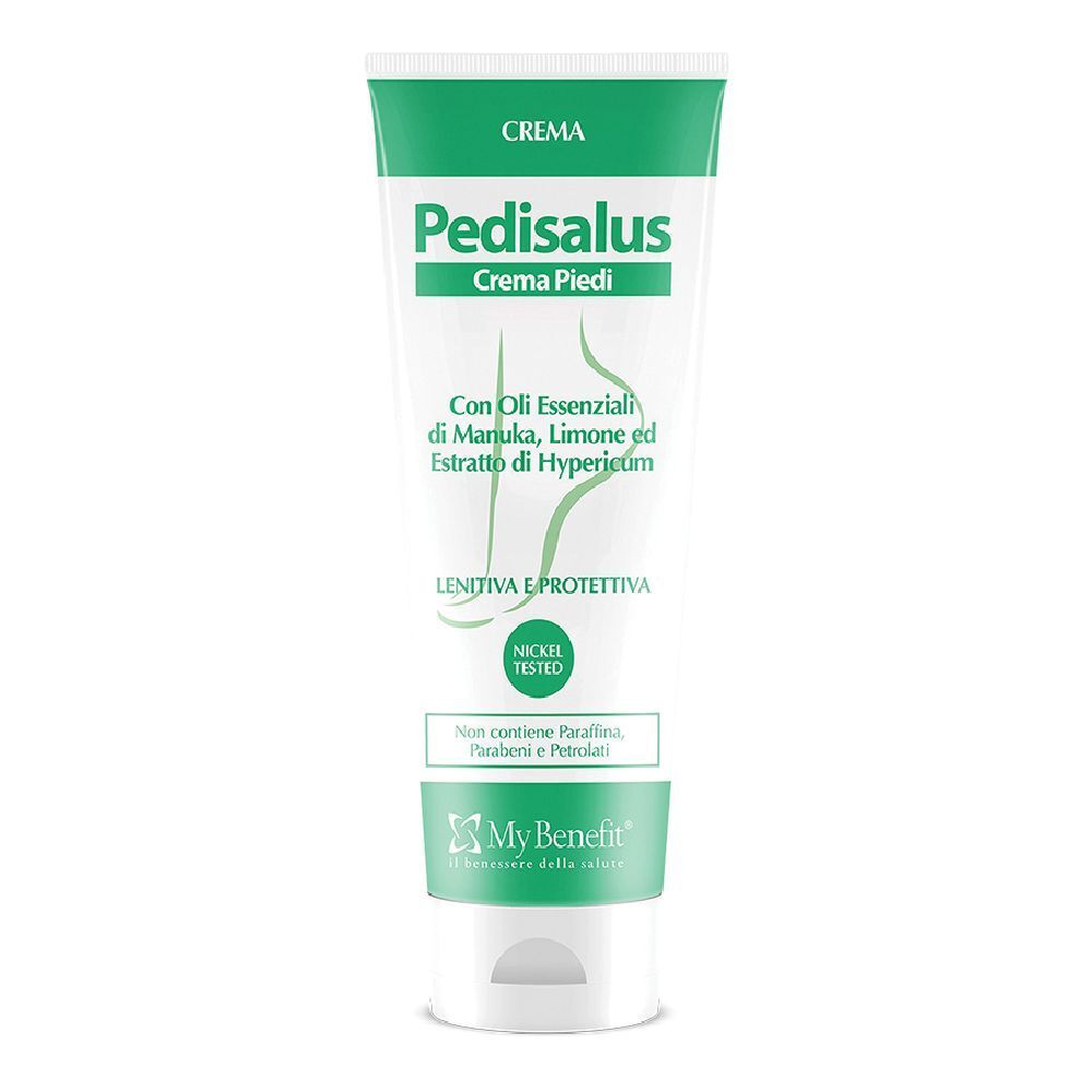 Tubo di crema con tappo verde. Scritta Pedisalus Crema Piedi. Contiene oli essenziali. Nickel tested.