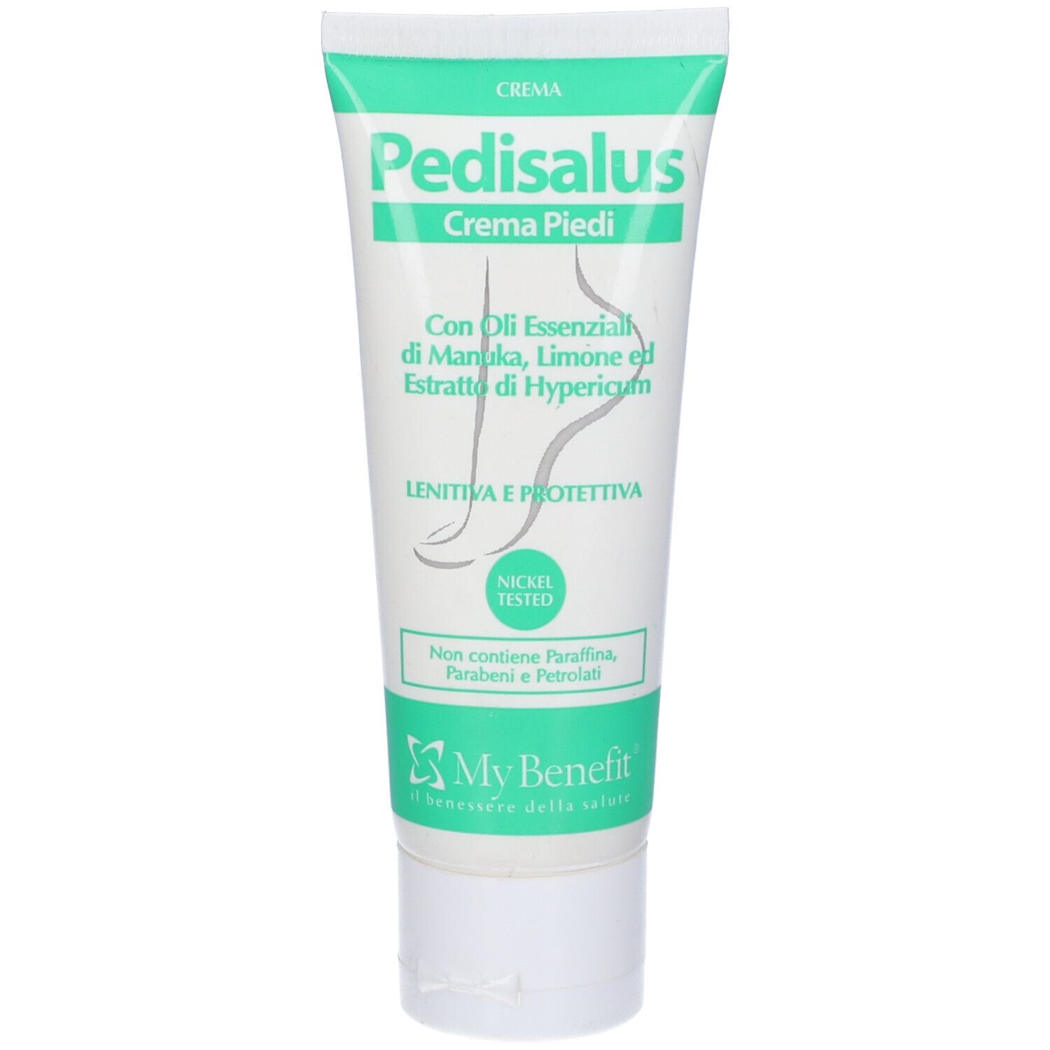 Tubo di crema con tappo verde. Scritta Pedisalus Crema Piedi. Contiene oli essenziali. Nickel tested.