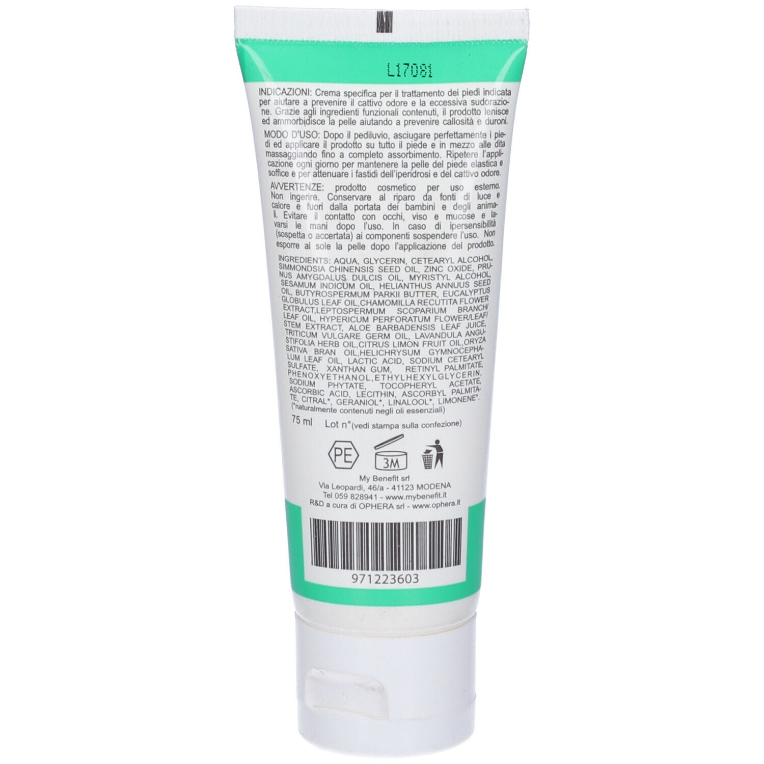 Retro di un tubo di crema. Testo con ingredienti e istruzioni per l'uso. Striscia verde in alto e in basso.