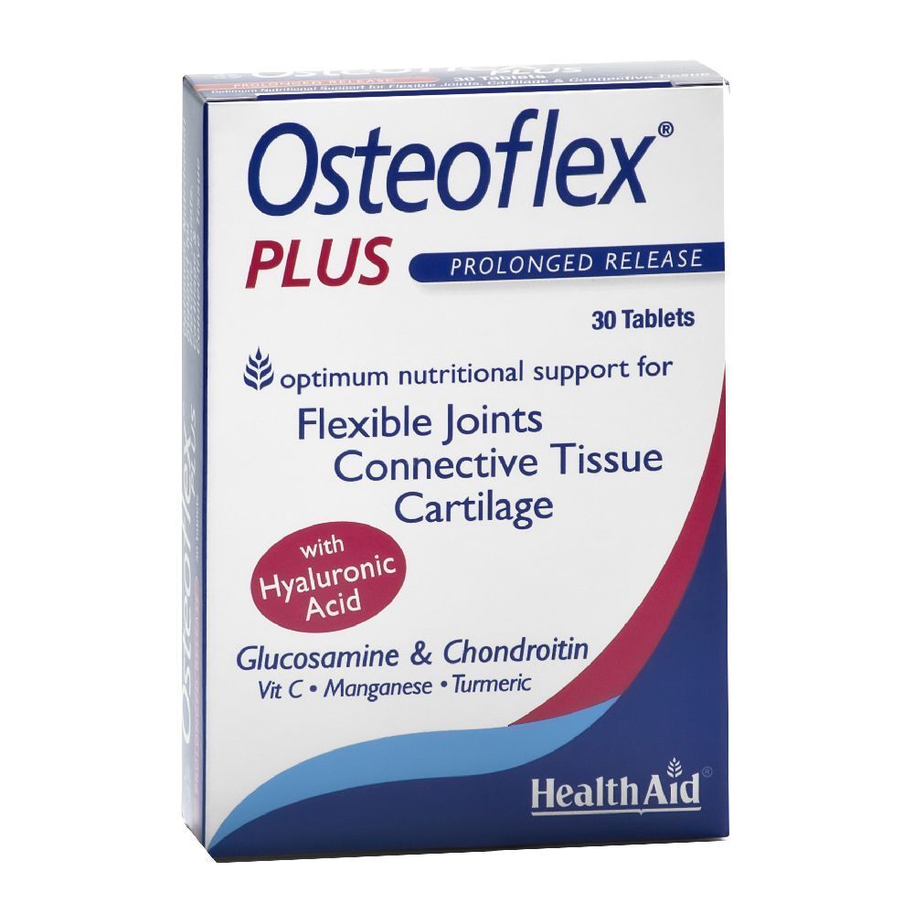 Scatola di compresse Osteoflex Plus. Contiene 30 compresse. Con acido ialuronico, glucosamina, condroitina, vitamina C, manganese e curcuma.