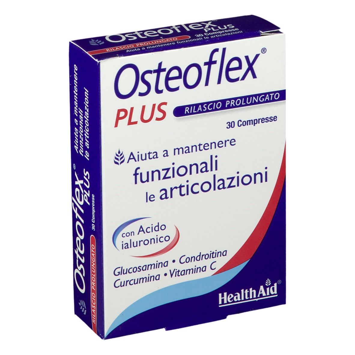 Scatola Osteoflex Plus, angolata. Contiene 30 compresse. Con acido ialuronico, glucosamina, condroitina, vitamina C, manganese e curcuma.