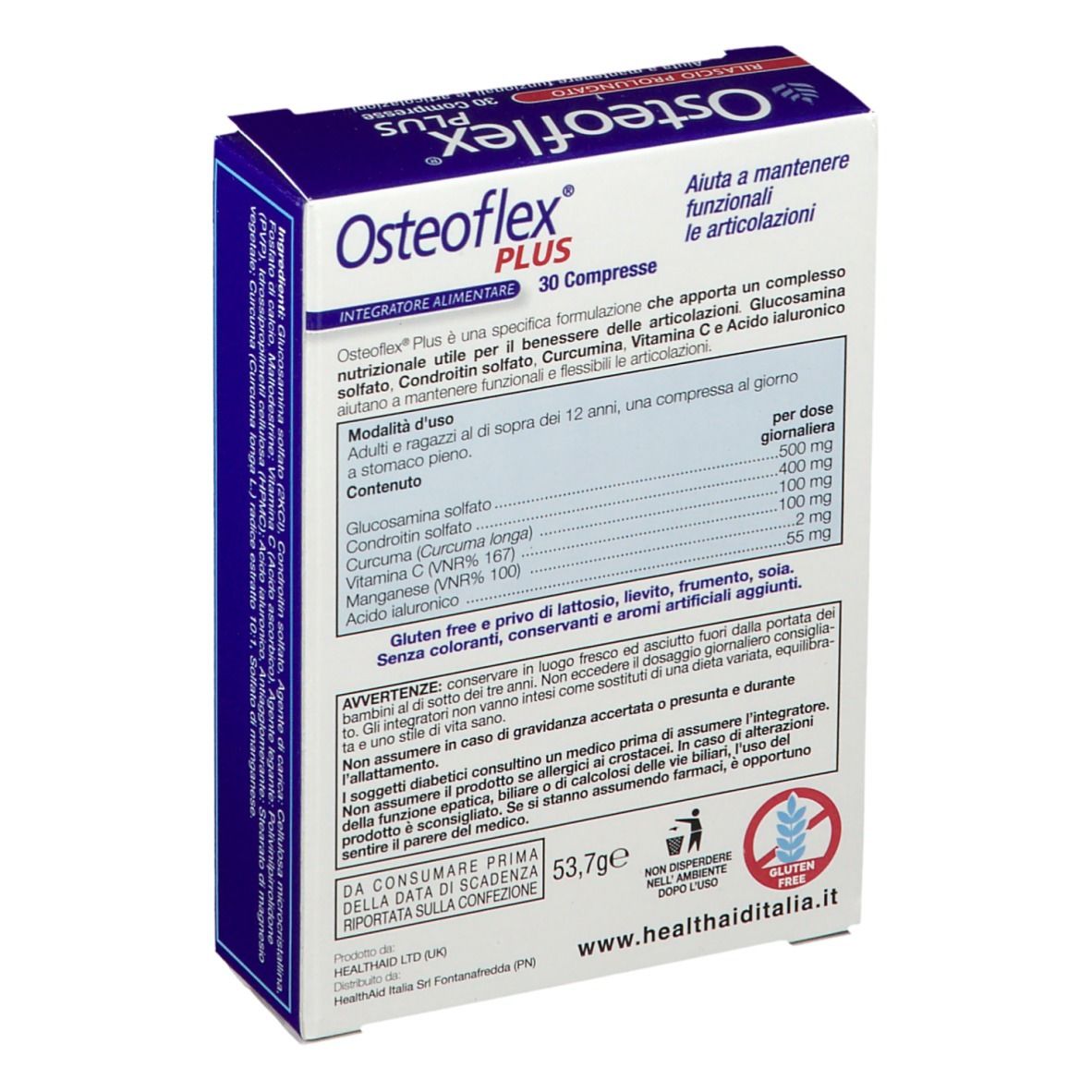 Scatola Osteoflex Plus, angolata. Retro con informazioni. Contiene 30 compresse. Senza glutine.