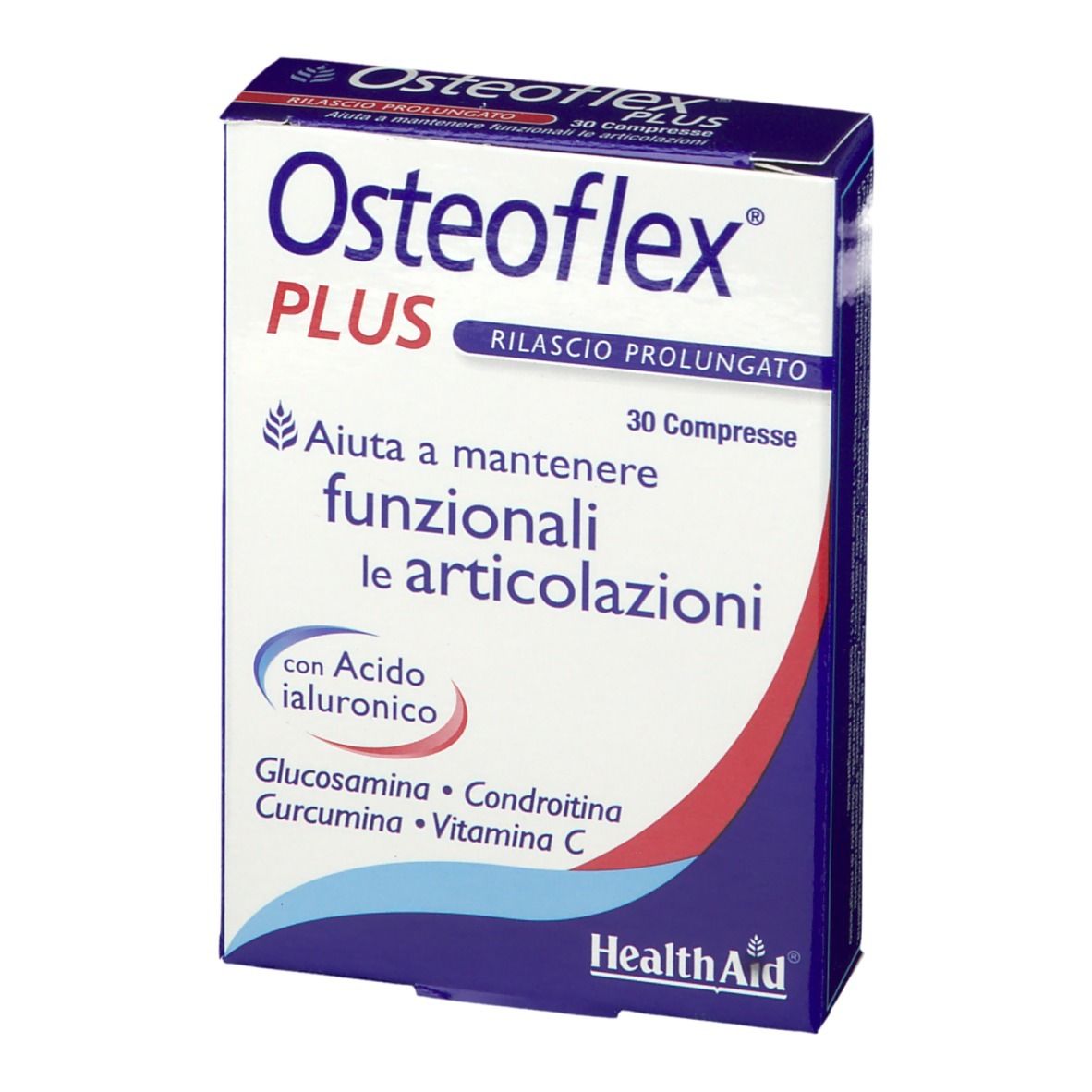 Scatola Osteoflex Plus. Contiene 30 compresse. Con acido ialuronico, glucosamina, condroitina, vitamina C, manganese e curcuma.
