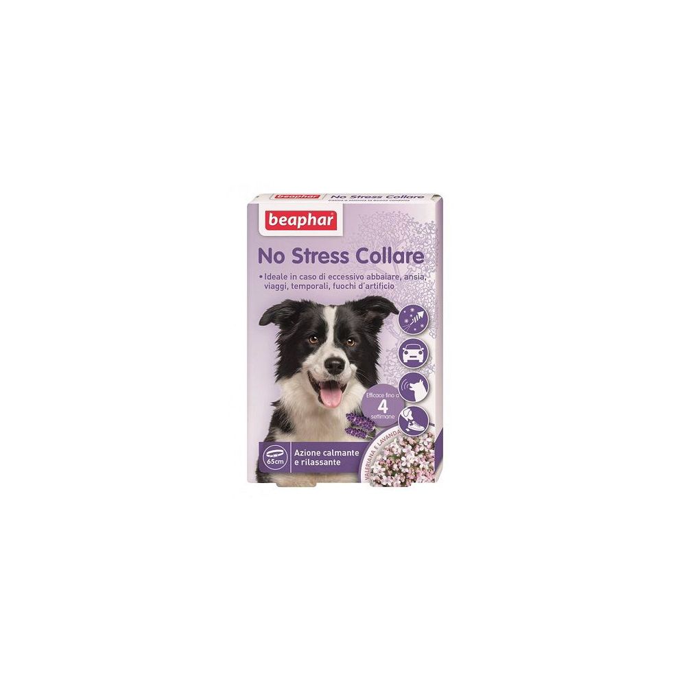 Confezione di prodotto per cani. Scritta: "beaphar No Stress Collare". Immagine di un cane. Quattro icone e il numero 4.