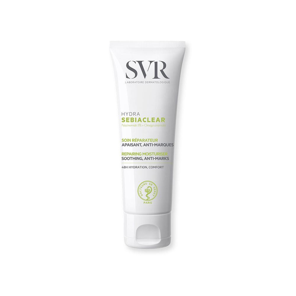 Tubo bianco con stampa verde. Logo SVR e nome del prodotto Hydra Sebiaclear. Testo: Soin réparateur, apaisant, anti-marques.