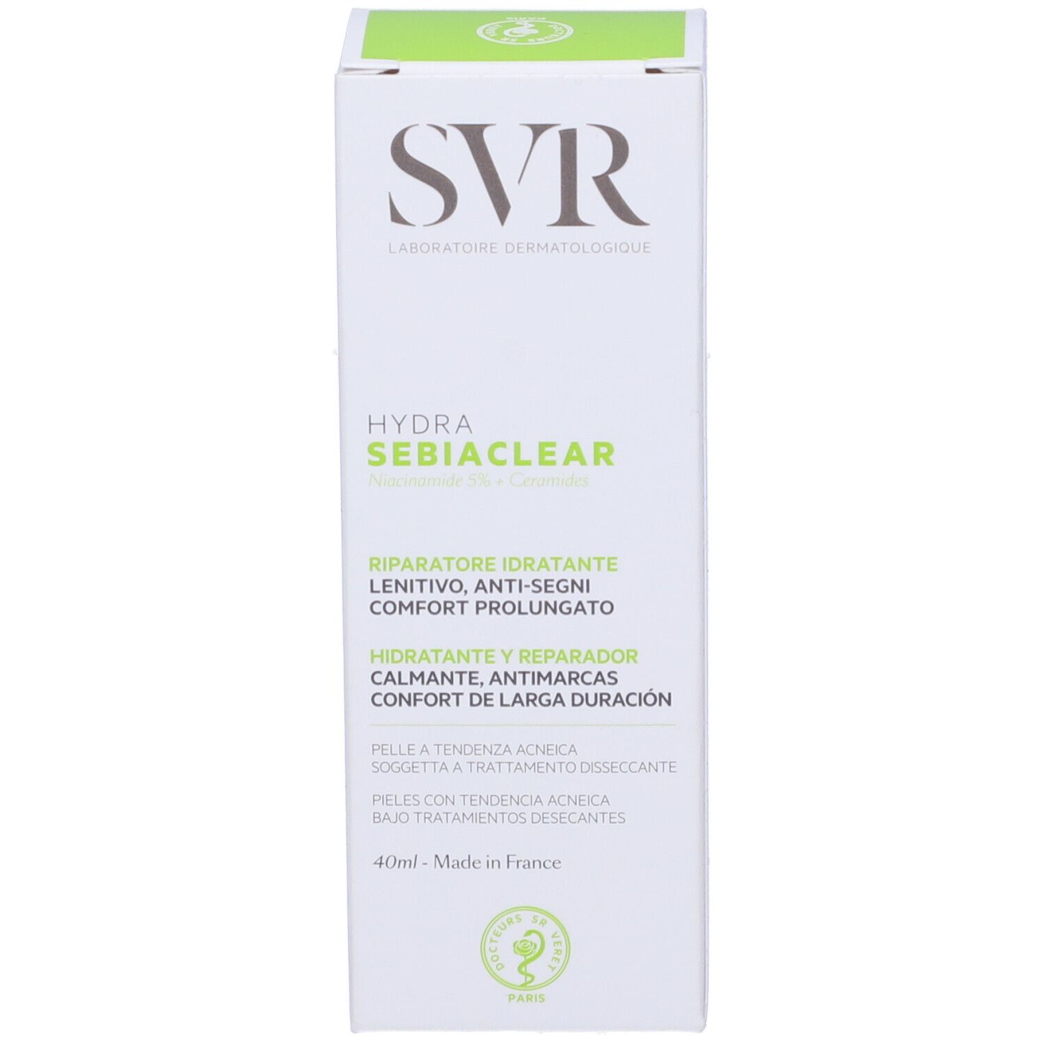 Confezione bianca con coperchio verde. Logo SVR e nome del prodotto Hydra Sebiaclear. Testo: Réparateur hydratant, apaisant, anti-marques.
