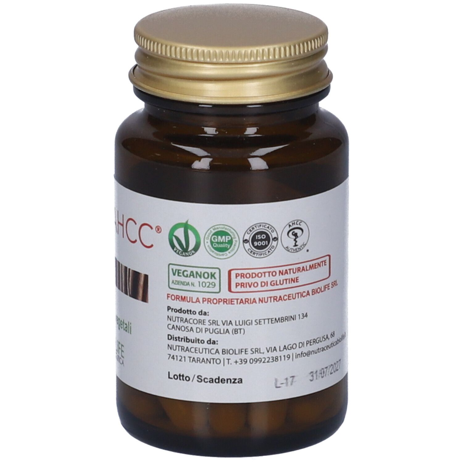 Braune Glasflasche mit weißem Deckel. Rückseite mit Text: Glutenfrei, Herstellerinformationen, Mindesthaltbarkeit 03/2025.