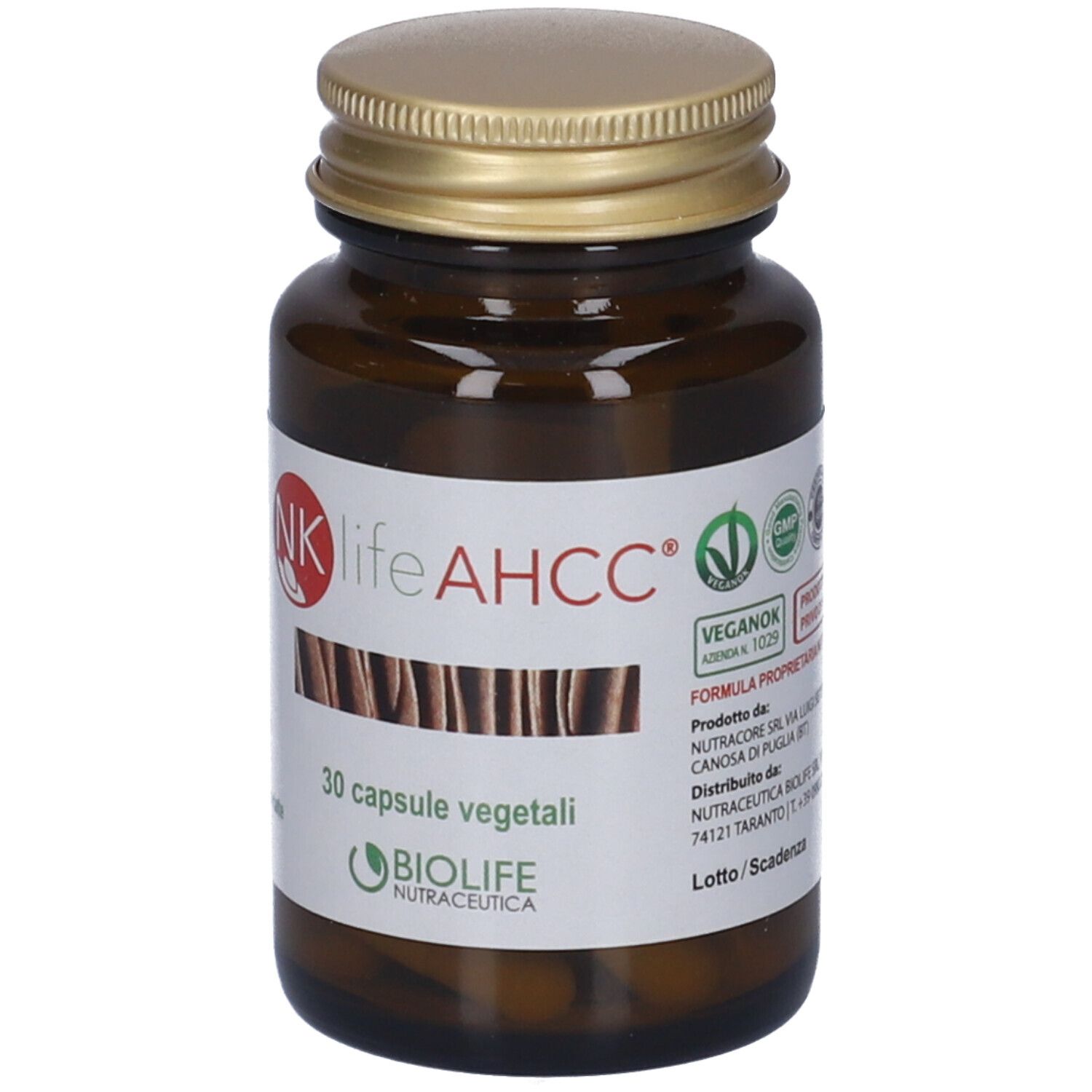Braune Glasflasche mit goldenem Deckel. Aufkleber: NK life AHCC, 30 vegetarische Kapseln, Vegan, VeganOK.