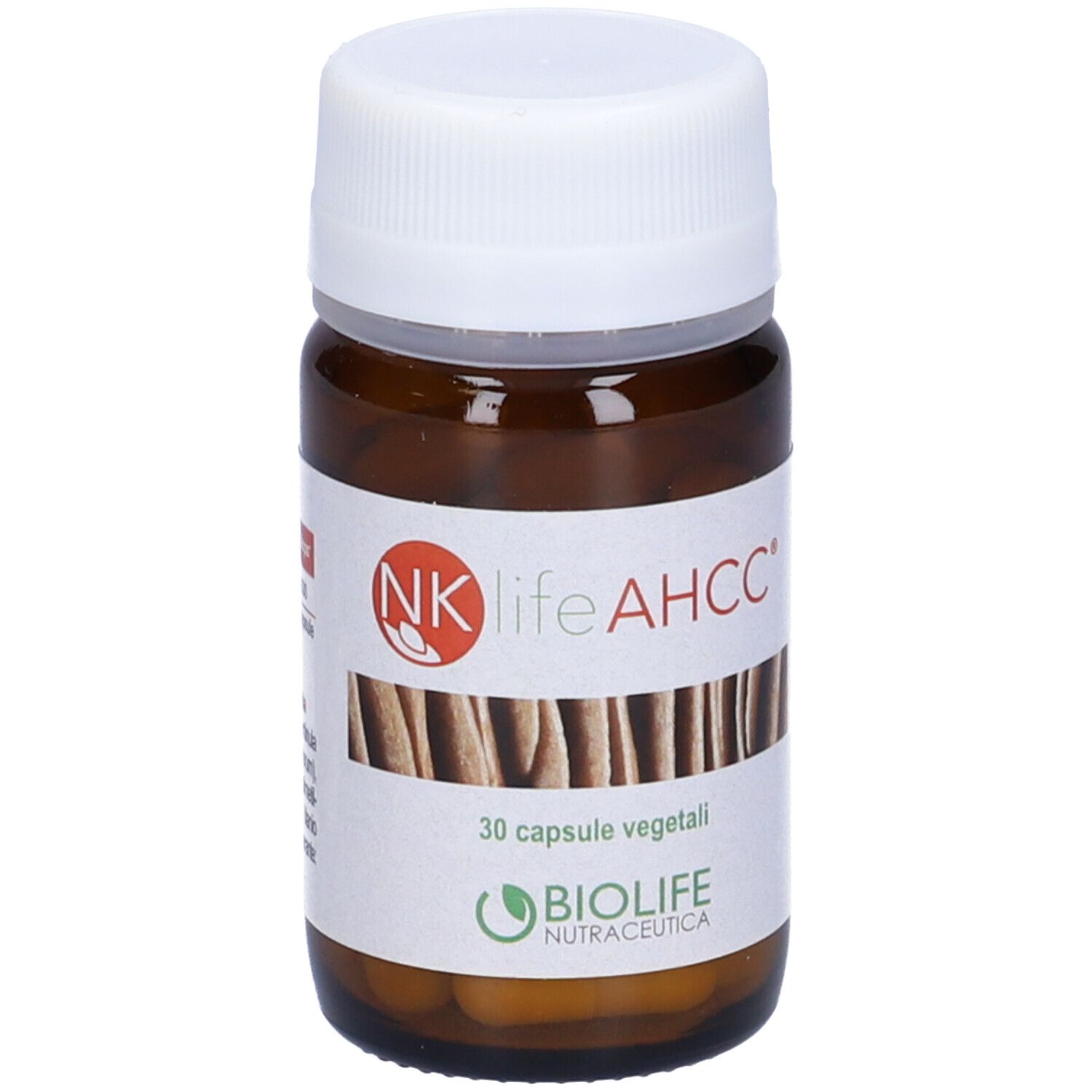 Braune Glasflasche mit weißem Deckel. Aufkleber: NK life AHCC, 30 vegetarische Kapseln, Biolife Nutraceutica.