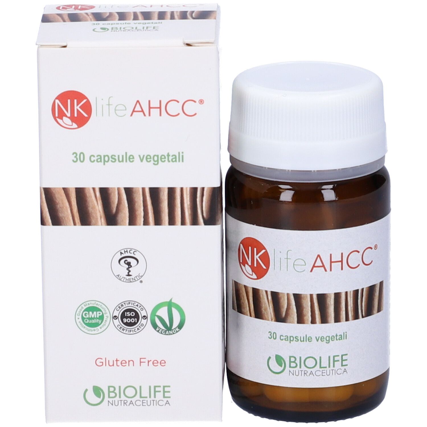 Braune Glasflasche und Schachtel. Aufkleber: NK life AHCC, 30 vegetarische Kapseln, Glutenfrei, Zertifizierungen.