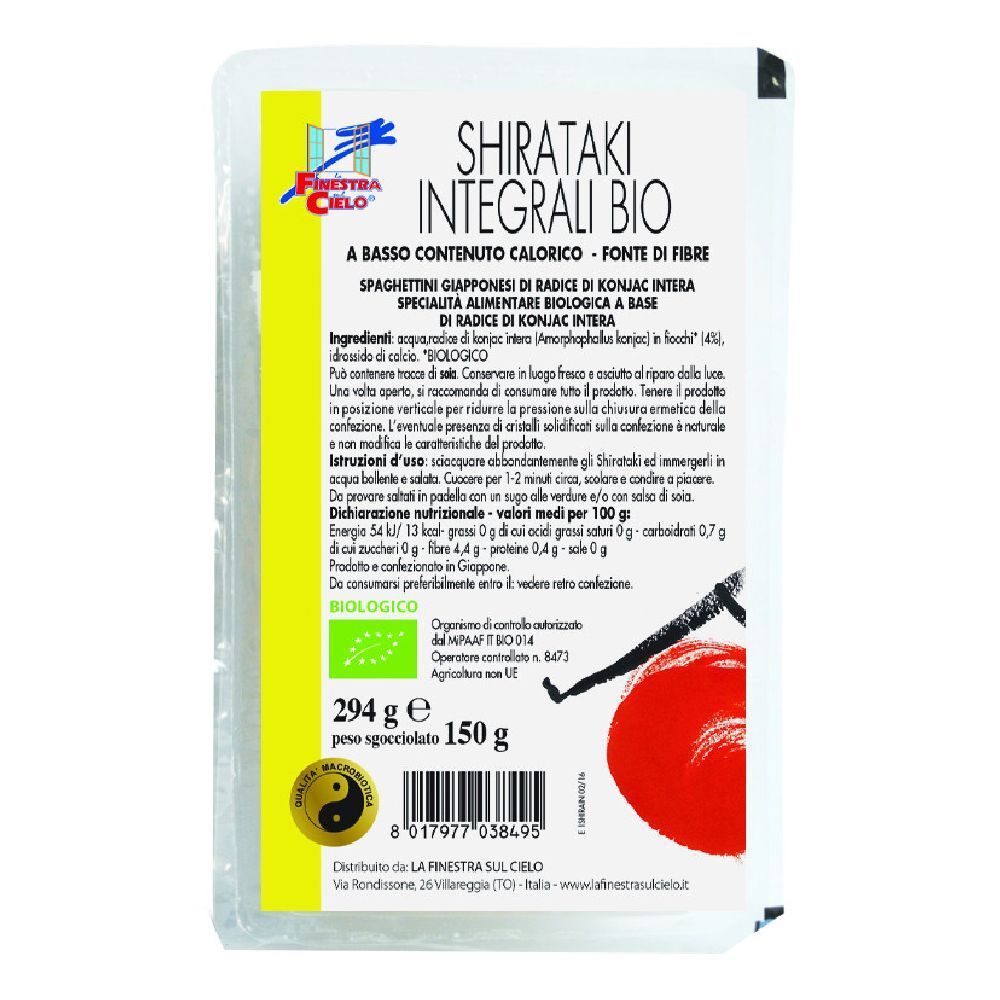Confezione di Shirataki Integrali Bio. Scritta e logo. Certificazione biologica. Peso: 150 g.