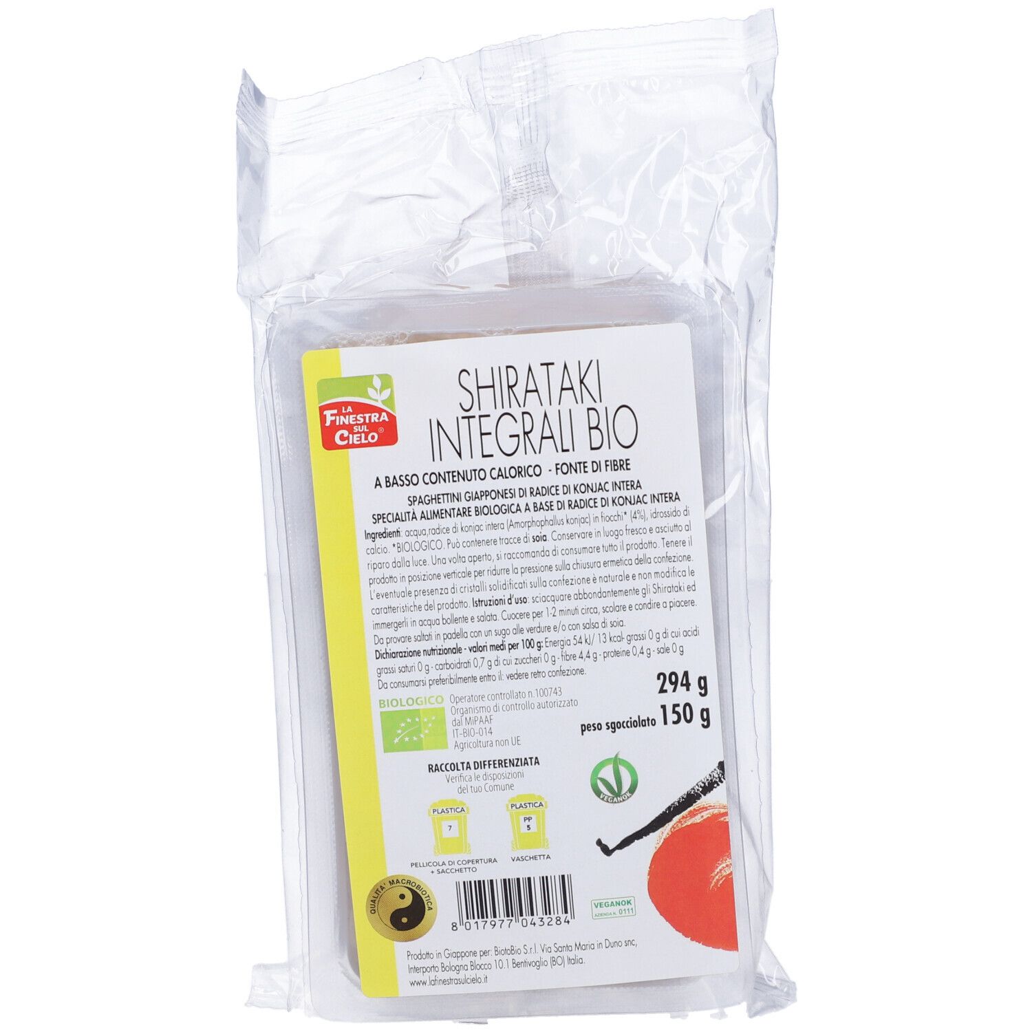 Confezione di Shirataki Integrali Bio. Scritta e logo. Certificazione biologica. Peso: 150 g.
