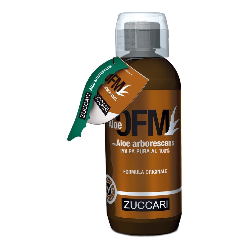 Bottiglia marrone ZUCCARI Aloe OFM®. Etichetta con informazioni prodotto e marchio di qualità. Cartellino verde.