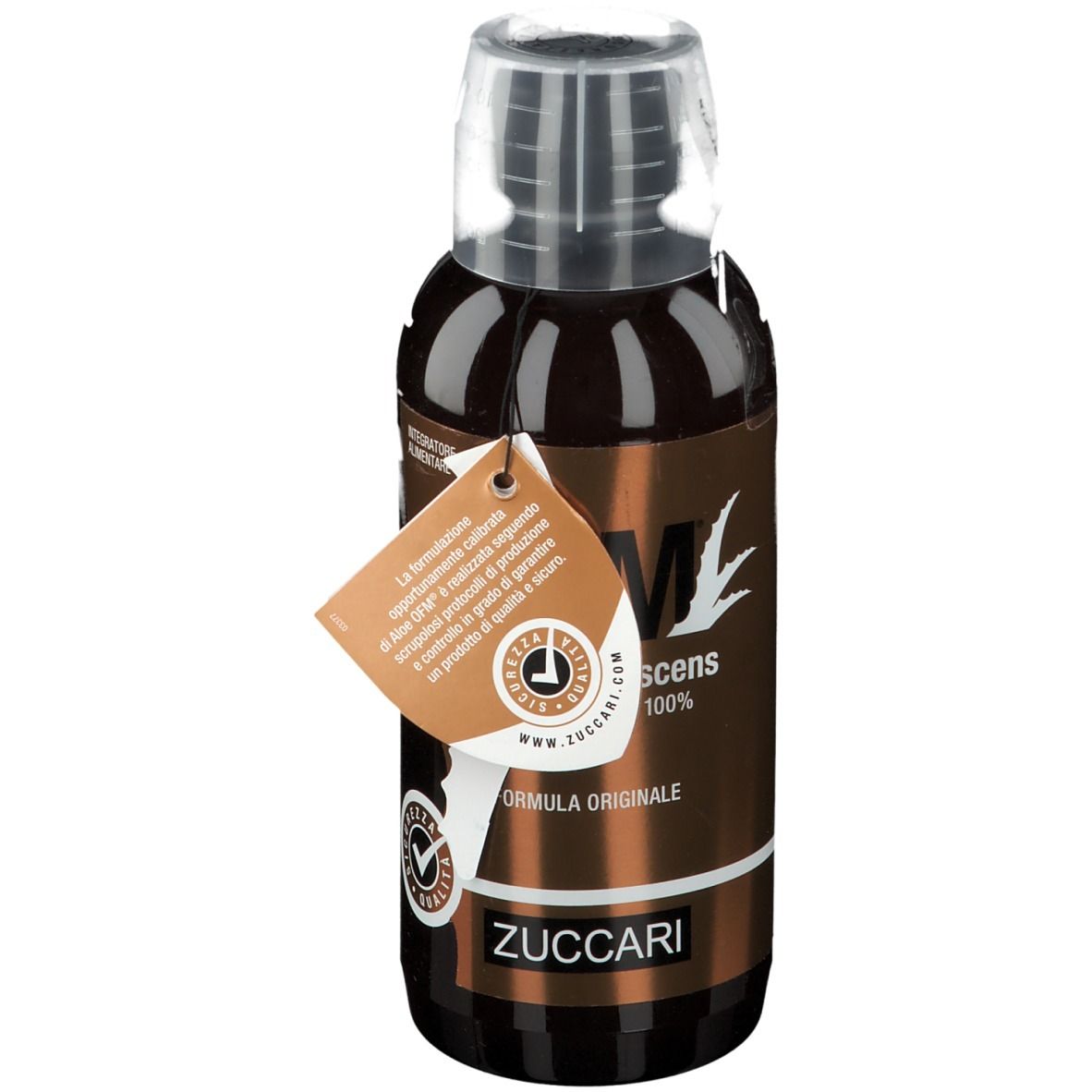 Bottiglia marrone ZUCCARI Aloe OFM®. Etichetta con informazioni prodotto e marchio di qualità. Tappo trasparente.