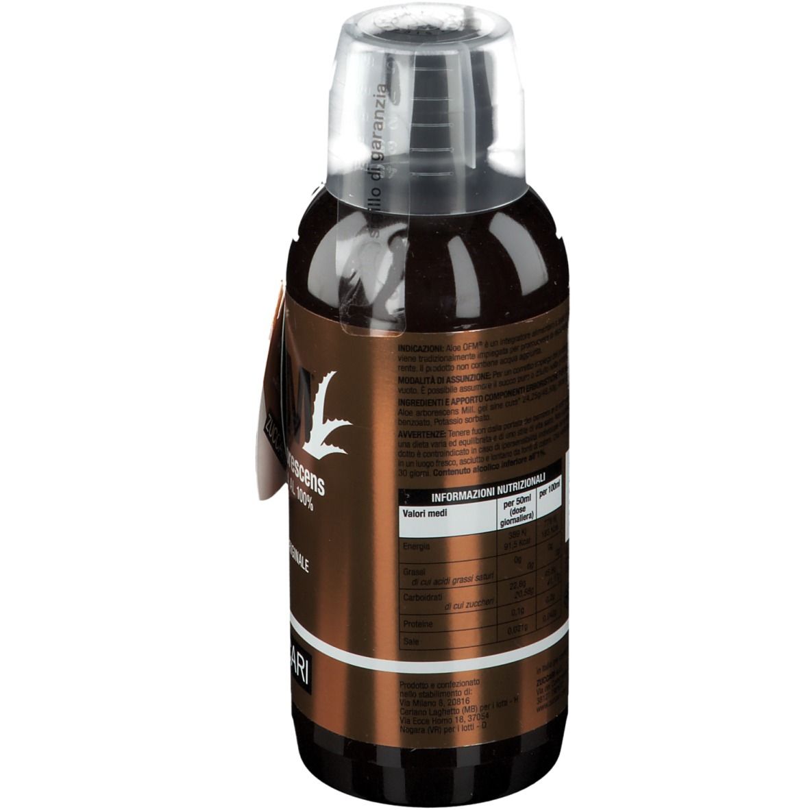 Bottiglia marrone ZUCCARI Aloe OFM®. Etichetta con informazioni prodotto e marchio di qualità. Tappo trasparente.