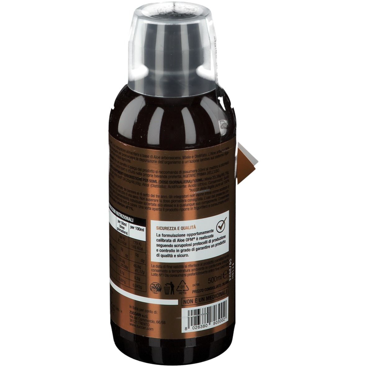 Bottiglia marrone ZUCCARI Aloe OFM®. Retro con informazioni nutrizionali. Tappo trasparente.
