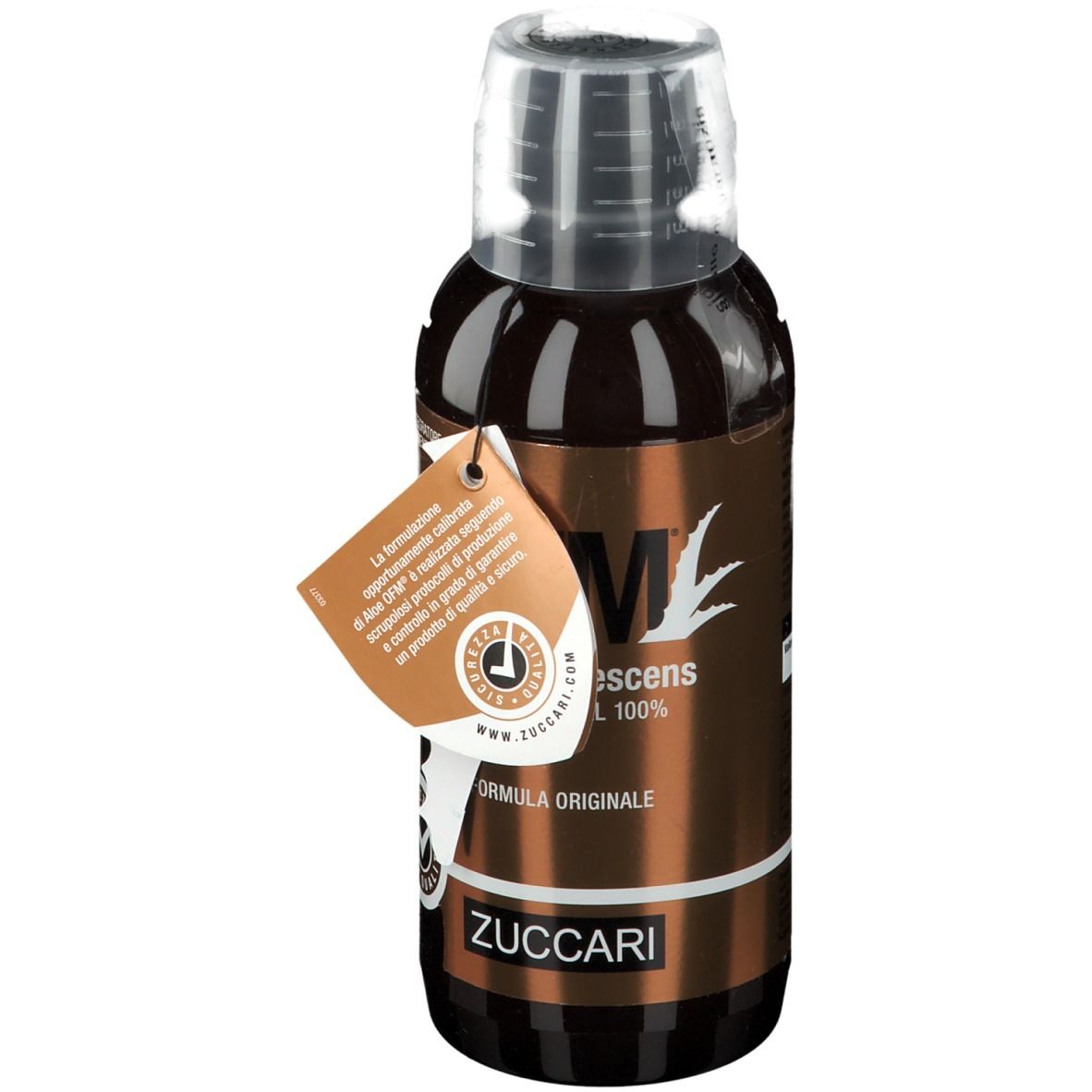 Bottiglia marrone ZUCCARI Aloe OFM®. Etichetta con informazioni prodotto e marchio di qualità. Tappo trasparente.