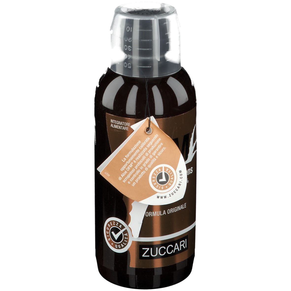 Bottiglia marrone ZUCCARI Aloe OFM®. Etichetta con informazioni prodotto e marchio di qualità. Tappo trasparente.