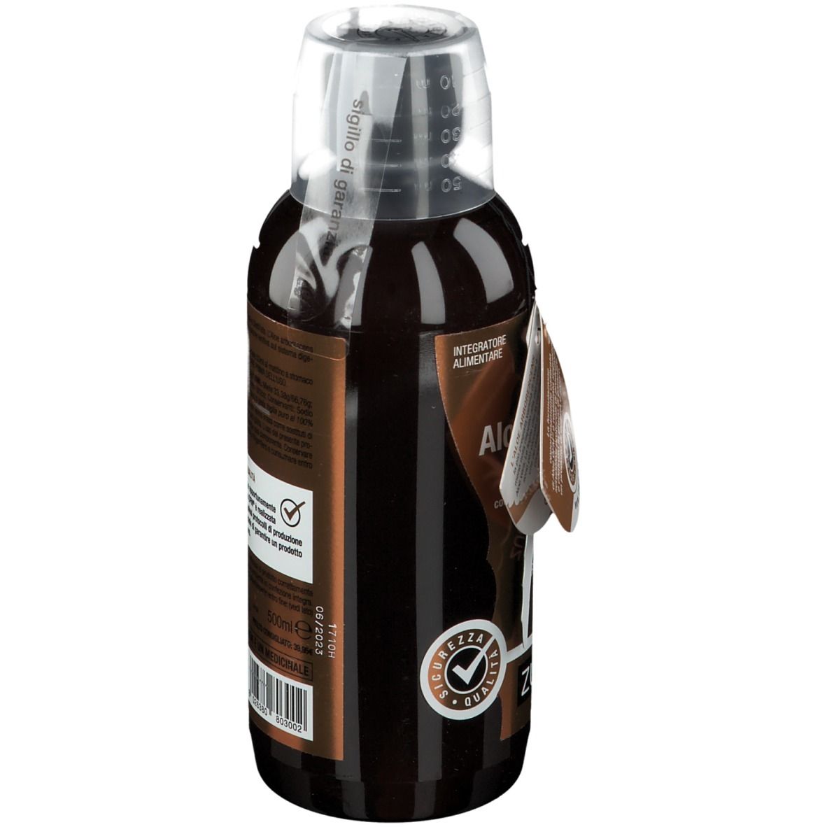 Bottiglia marrone ZUCCARI Aloe OFM®. Etichetta con informazioni prodotto e marchio di qualità. Tappo trasparente.