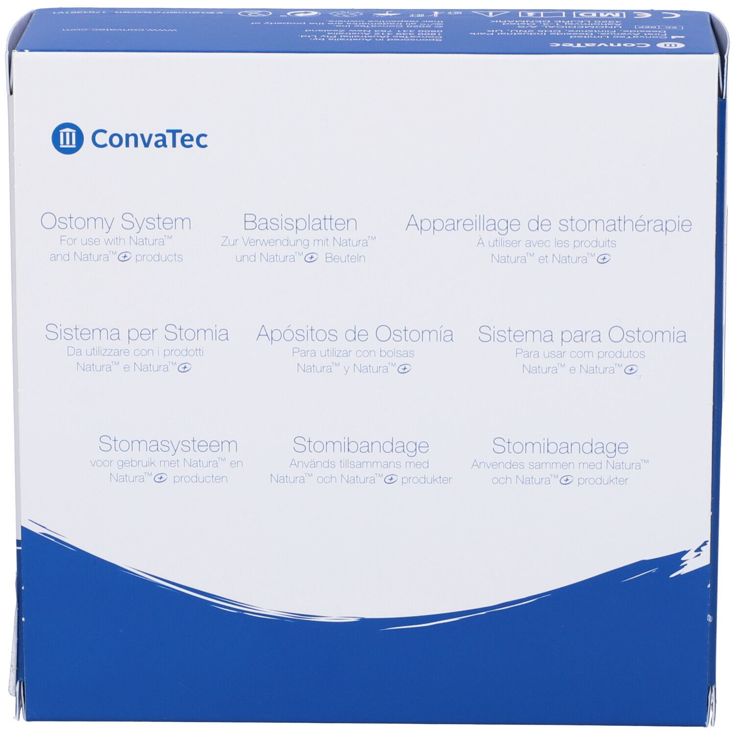 Scatola bianca e blu. Testo: Ostomy System, logo ConvaTec. Diverse lingue.
