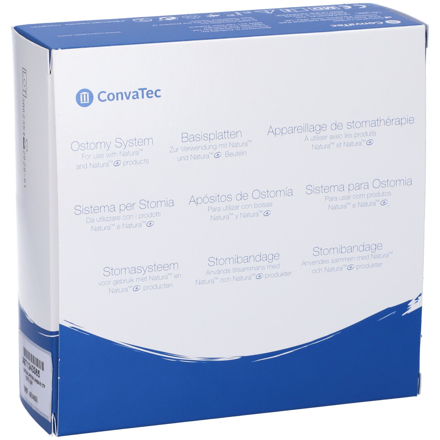 Scatola con testo: Ostomy System, logo ConvaTec. Diverse lingue. Colori bianco e blu.
