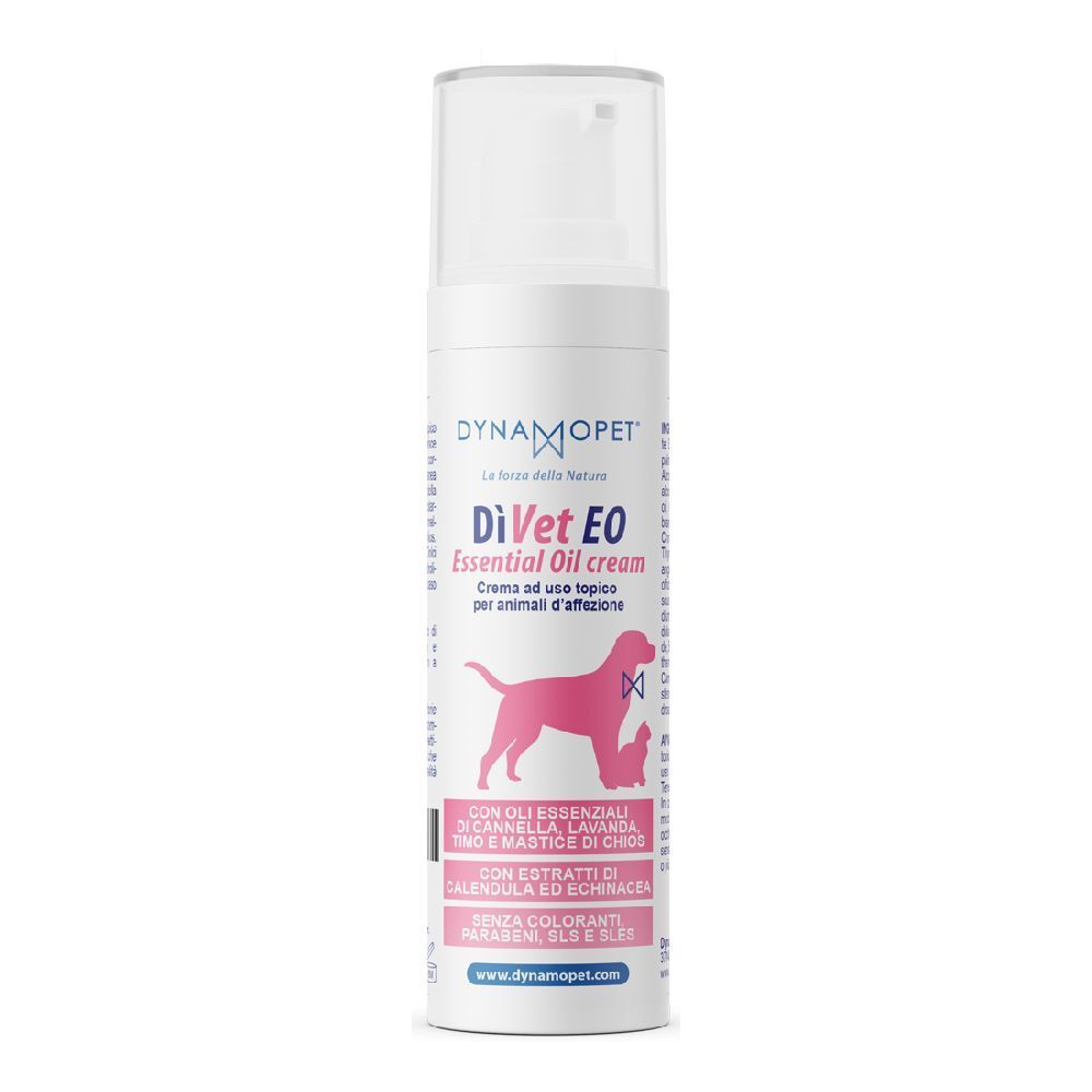 Flacone bianco con erogatore. Scritta: DiVet EO Essential Oil cream. Silhouette rosa di cane. Testo in italiano.