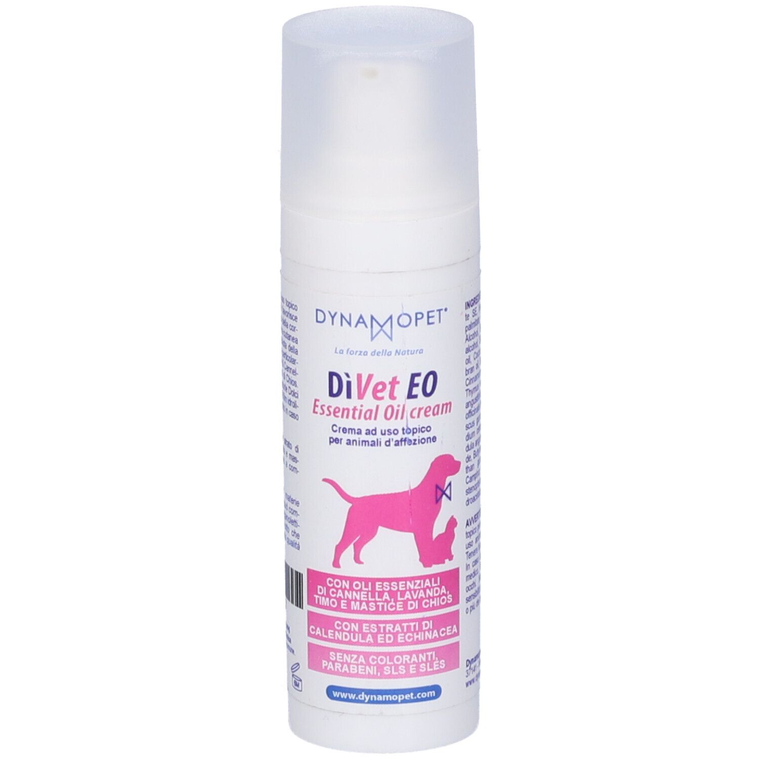 Flacone bianco con erogatore. Scritta: DiVet EO Essential Oil cream. Silhouette rosa di cane. Testo in italiano.