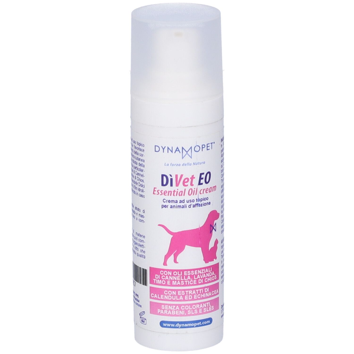 Flacone bianco con erogatore. Scritta: DiVet EO Essential Oil cream. Silhouette rosa di cane. Testo in italiano.