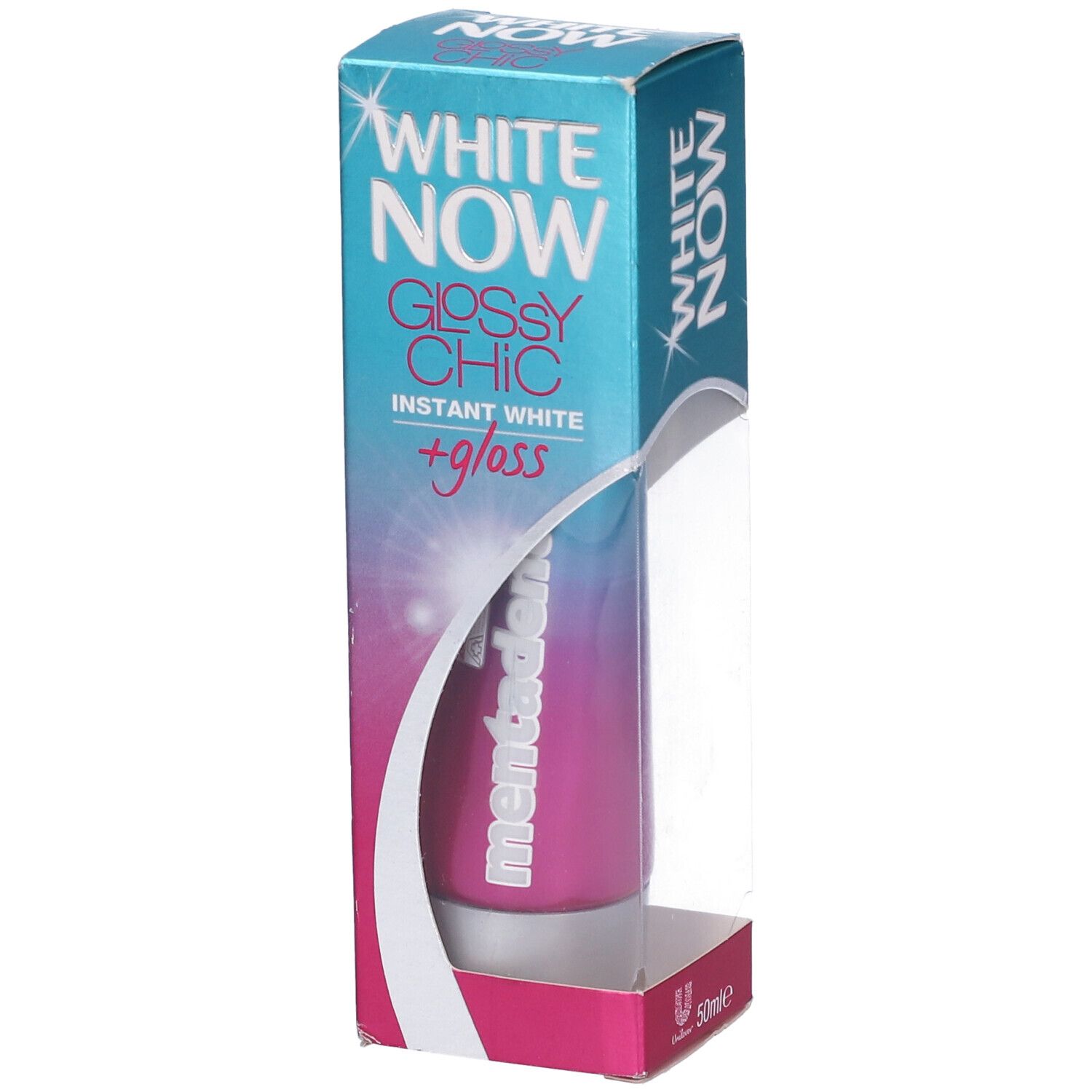 Tubo di dentifricio in confezione. Marchio: White Now. Confezione rosa, bianca e blu. Finestra trasparente. Logo Mentadent.