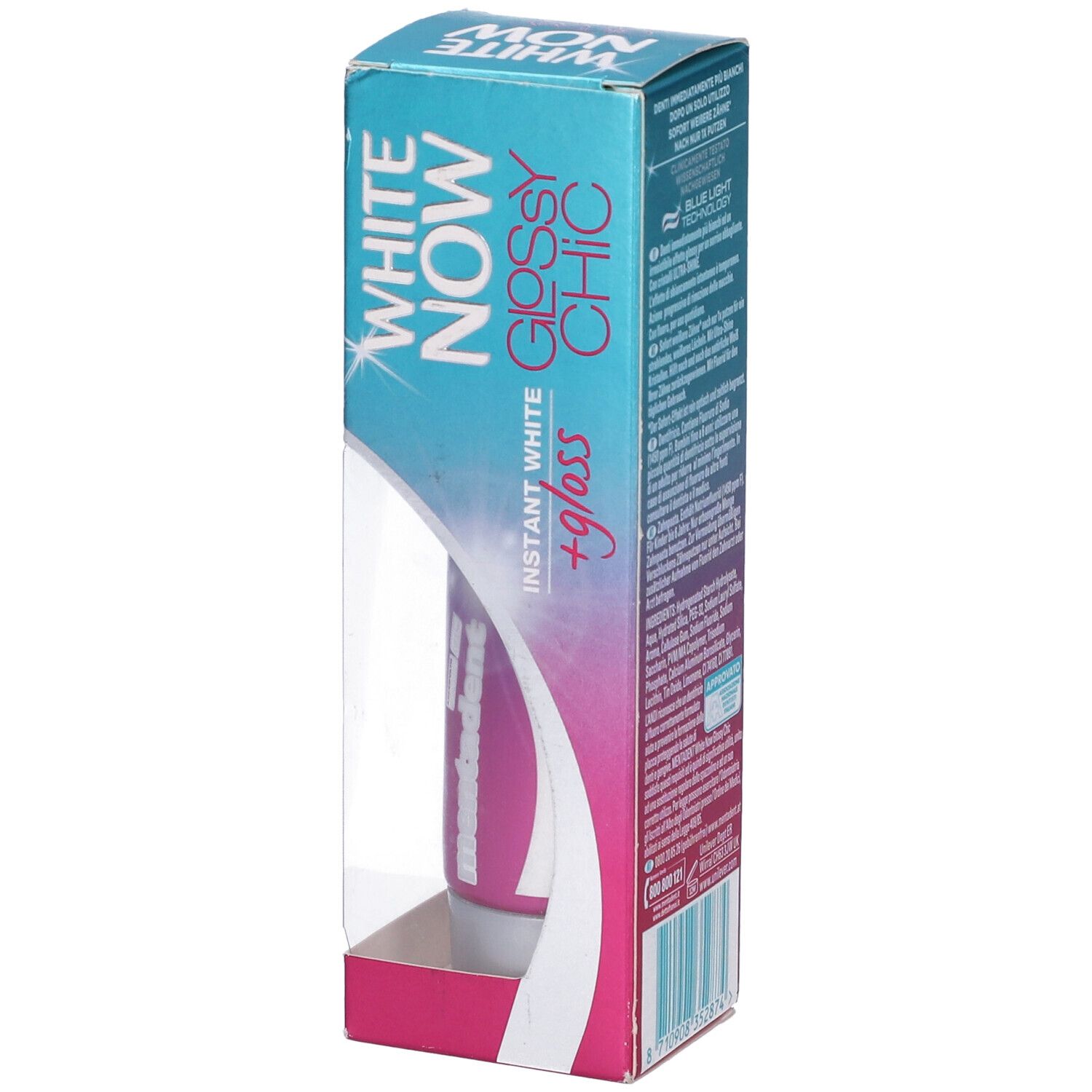 Tubo di dentifricio in confezione. Marchio: White Now. Confezione rosa, bianca e blu. Finestra trasparente. Logo Mentadent.