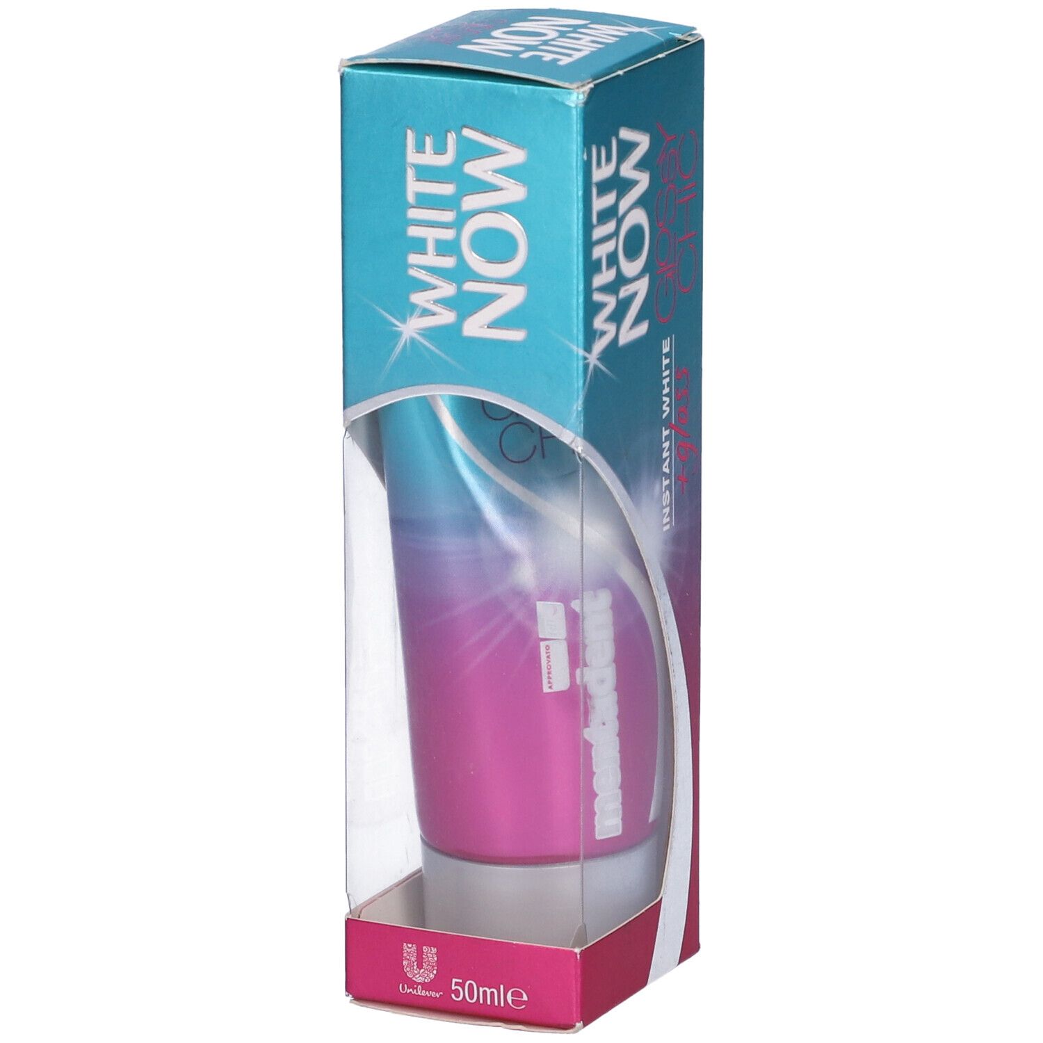 Tubo di dentifricio in confezione. Marchio: White Now. Confezione rosa, bianca e blu. Finestra trasparente. Logo Mentadent.