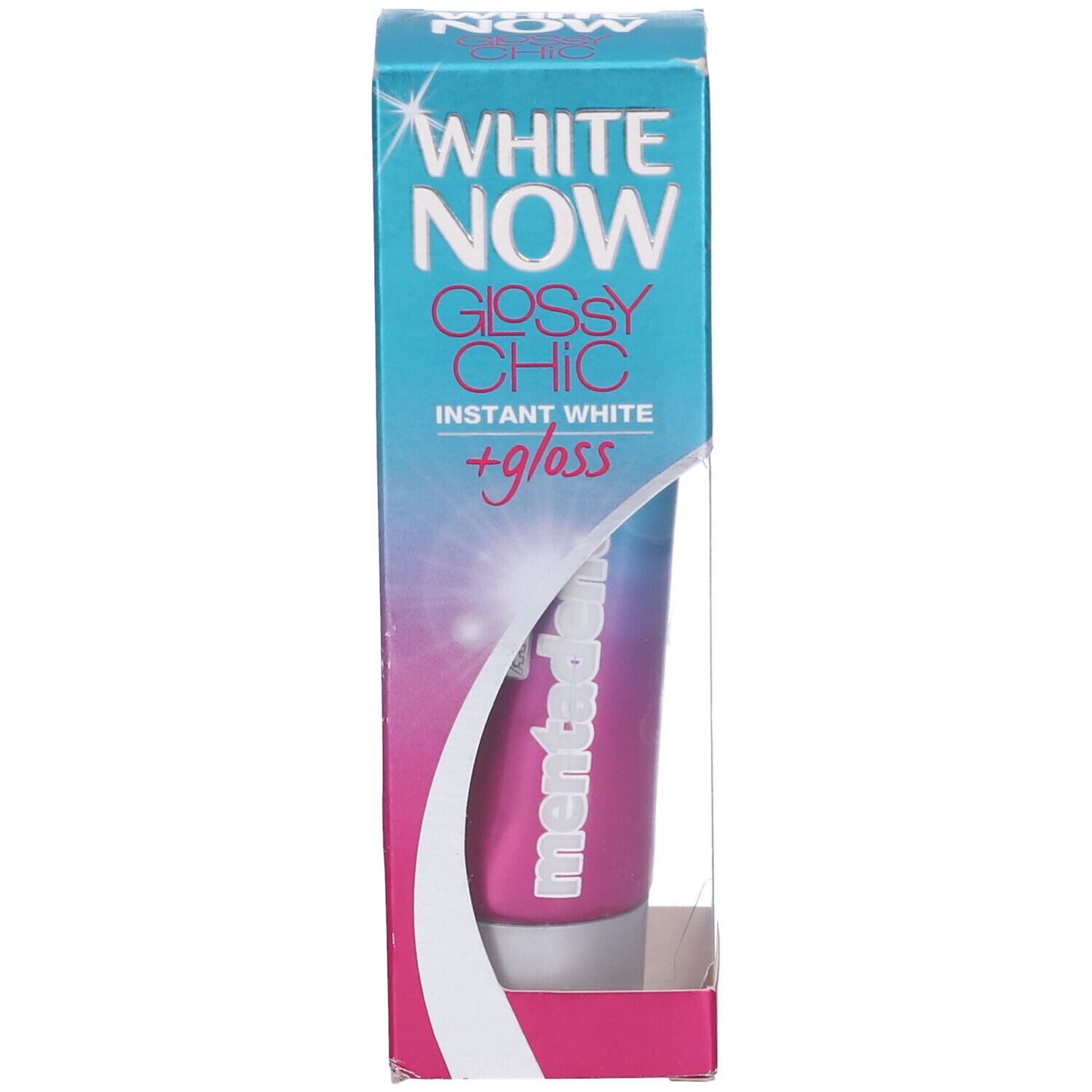 Tubo di dentifricio in confezione. Marchio: White Now. Confezione rosa, bianca e blu. Finestra trasparente. Logo Mentadent.