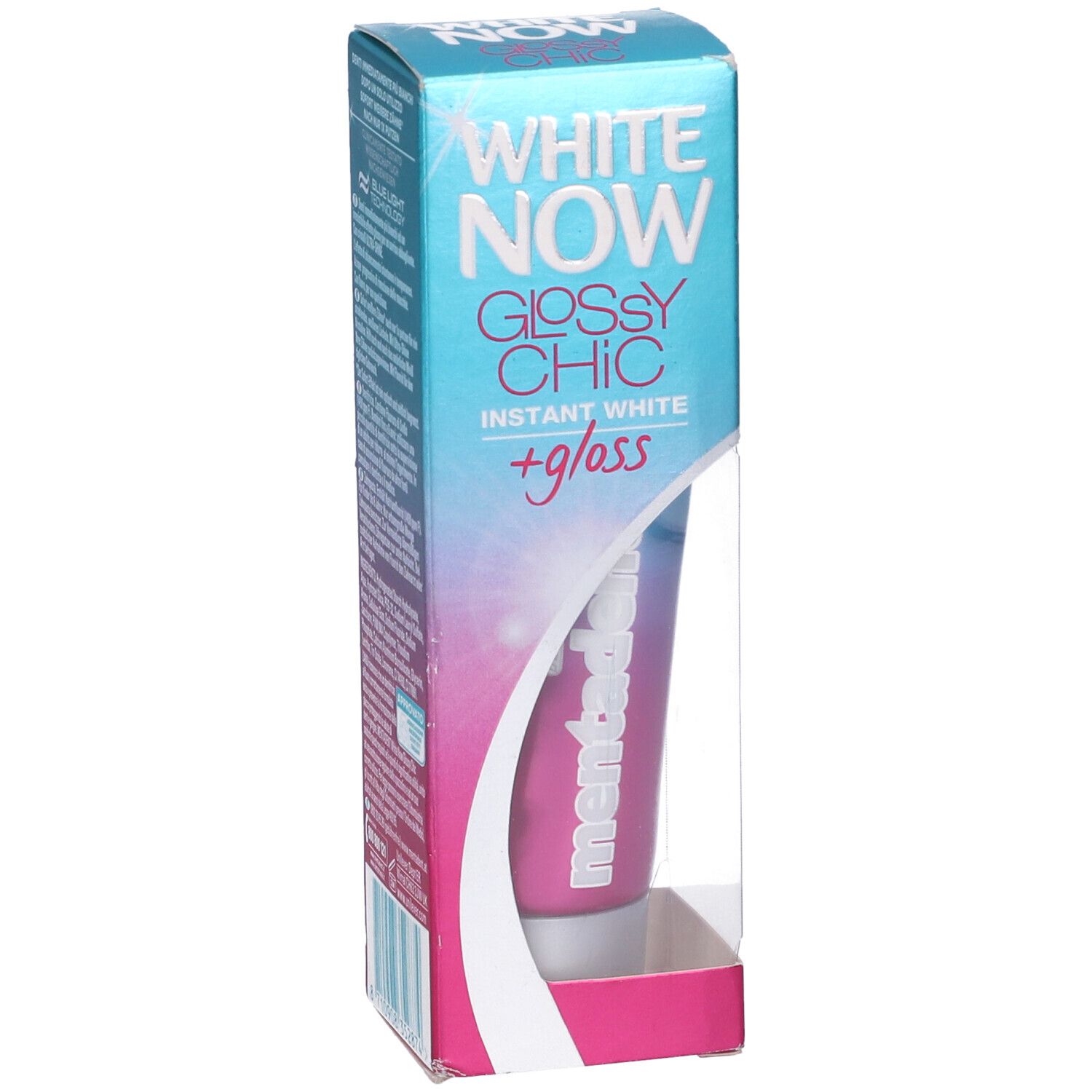 Tubo di dentifricio in confezione. Marchio: White Now. Confezione rosa, bianca e blu. Finestra trasparente. Logo Mentadent.