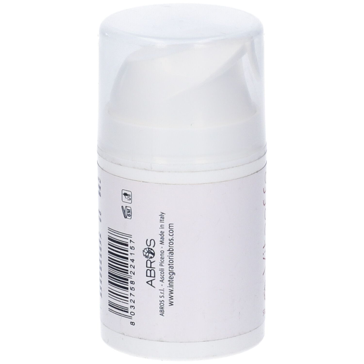 Flacone bianco con etichetta. Scritta ABROS, Made in Italy. Codice a barre. Tappo trasparente.