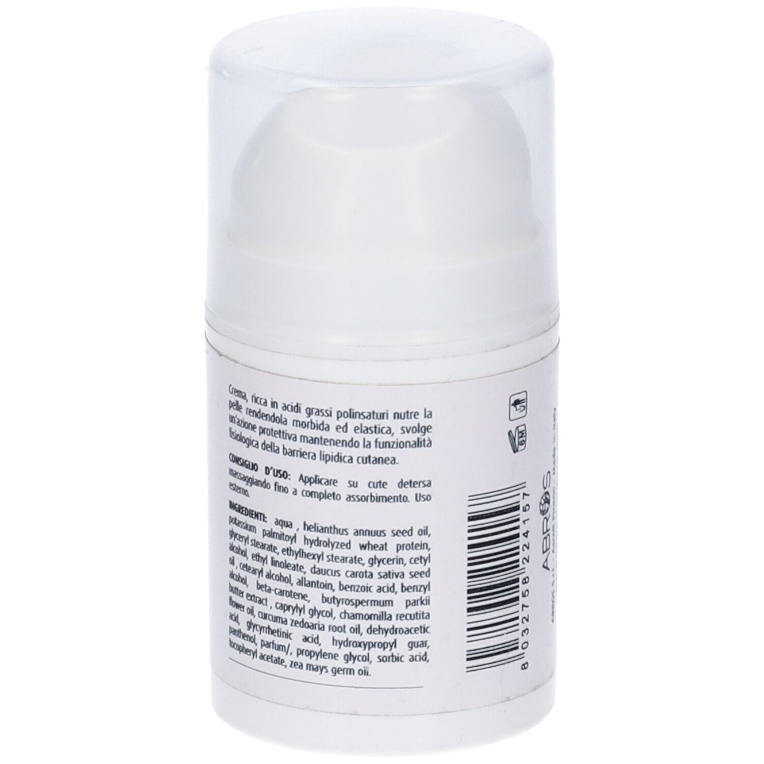 Flacone bianco con etichetta. Testo in italiano. Tappo trasparente. Confezione del prodotto.