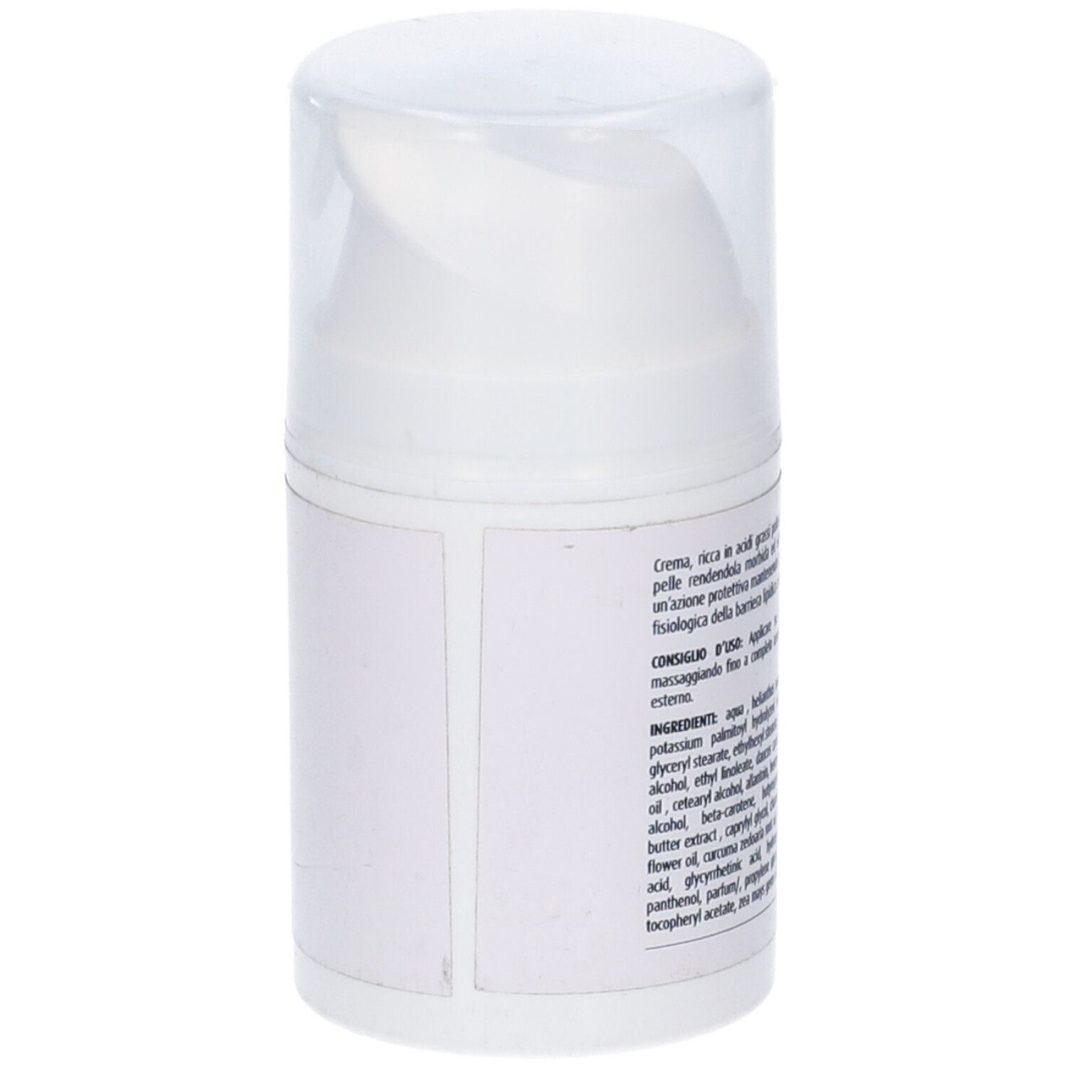 Flacone bianco con etichetta. Testo in italiano. Tappo trasparente. Confezione del prodotto.