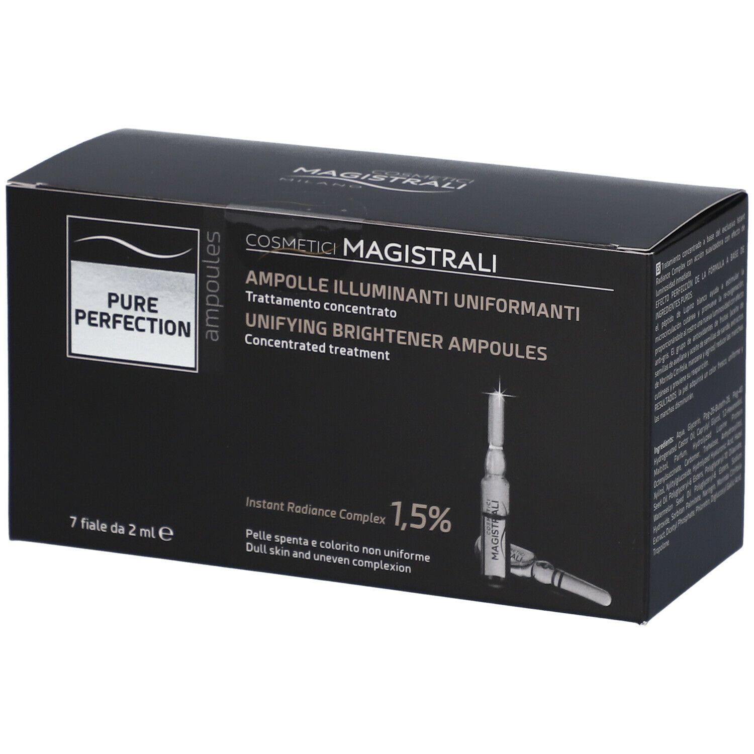 Scatola nera con nome del prodotto e immagine di fiale. Testo: Cosmetici Magistrali, Pure Perfection, Ampolle.