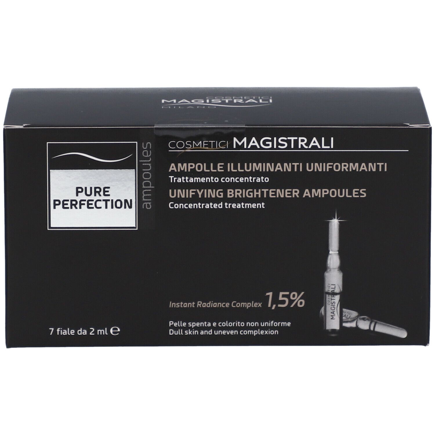 Scatola nera con nome del prodotto e immagine di fiale. Testo: Cosmetici Magistrali, Pure Perfection, Ampolle.