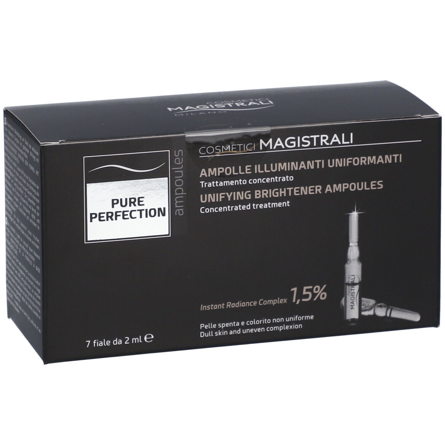 Scatola nera con nome del prodotto e immagine di fiale. Testo: Cosmetici Magistrali, Pure Perfection, Ampolle.