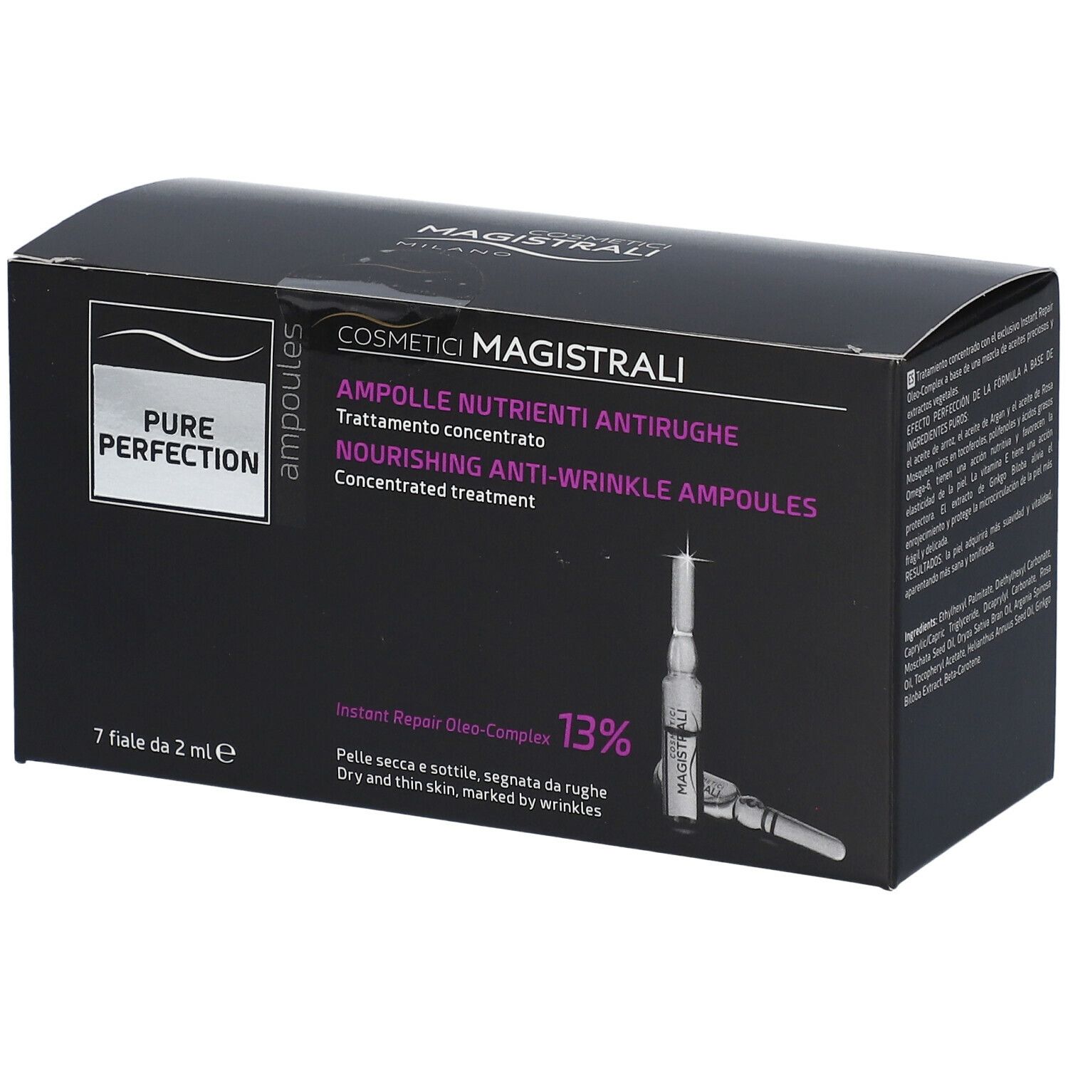 Scatola nera con fiale. Scritta: Cosmetici Magistrali, Pure Perfection, Ampolle Nutrienti Antirughe. 7 fiale.