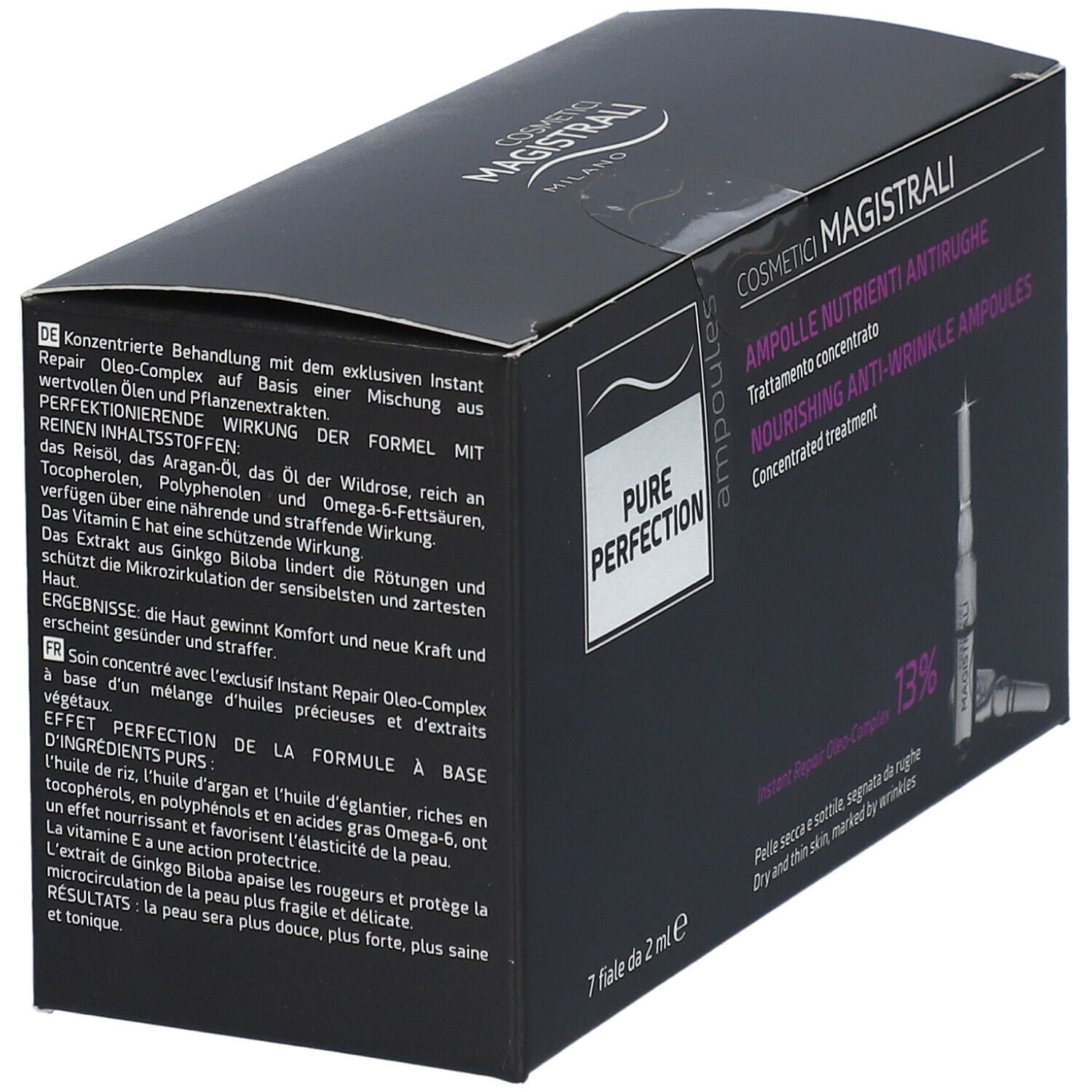 Scatola nera con testo. Scritta: Cosmetici Magistrali, Pure Perfection, Ampoules. Testo in tedesco e francese.