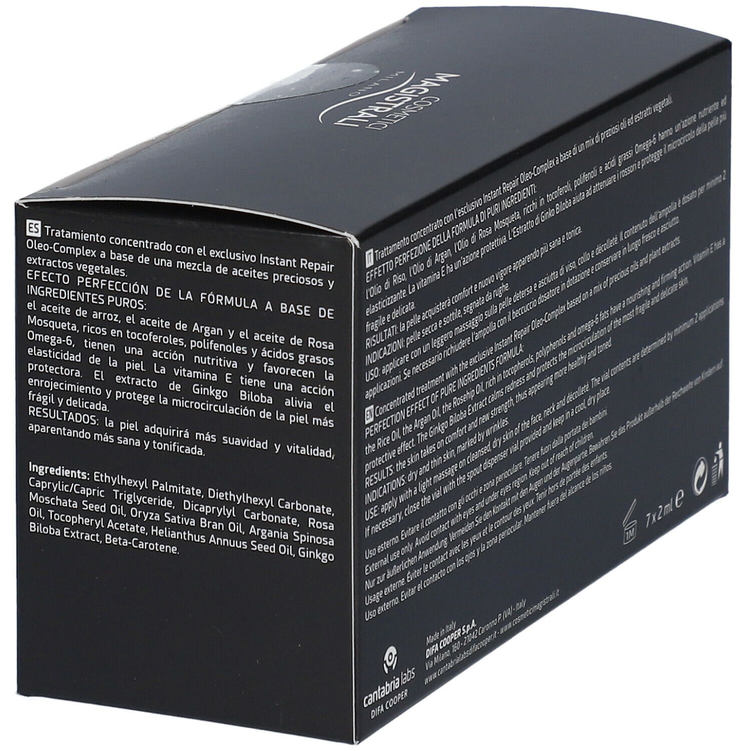 Scatola nera con testo. Scritta: Cosmetici Magistrali, Pure Perfection, Ampoules. Testo in italiano e inglese.