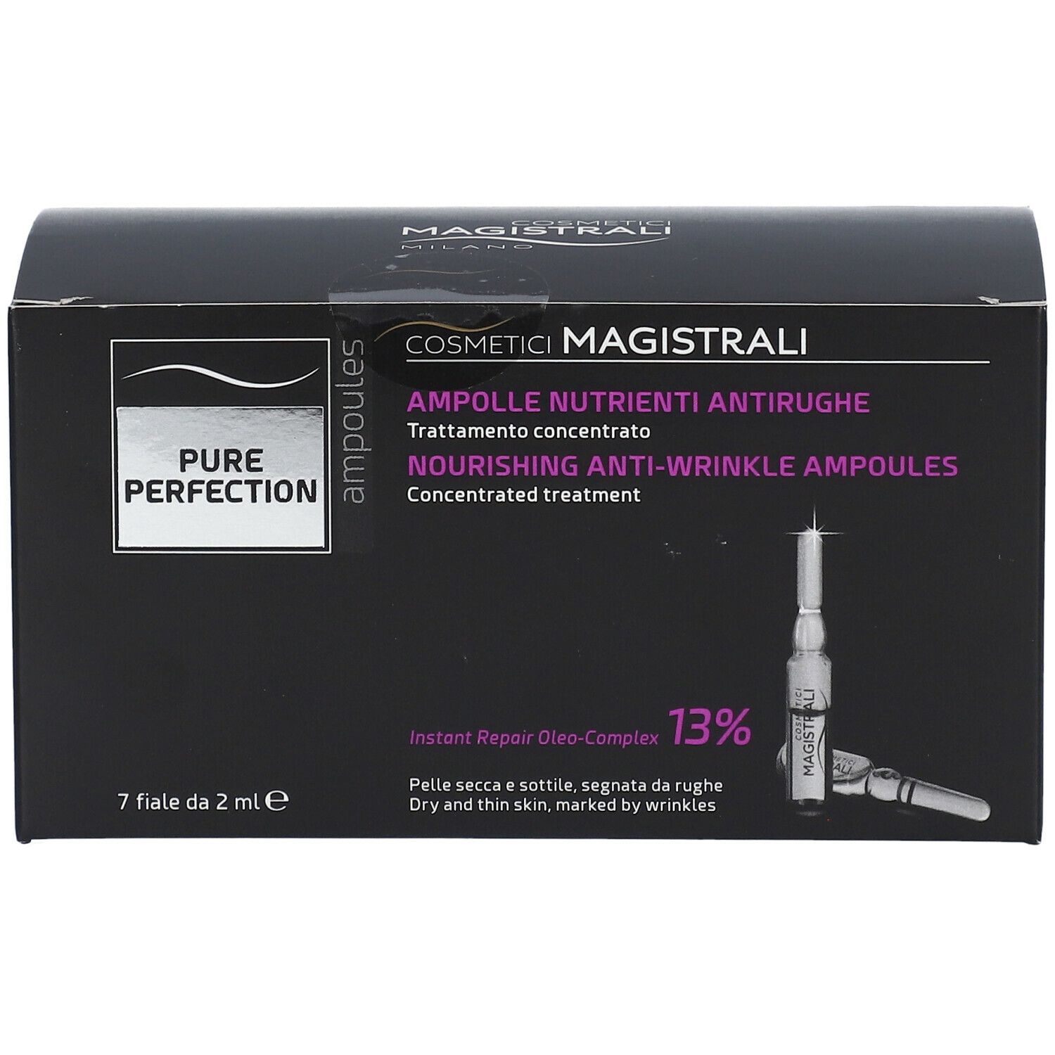 Scatola nera con fiale. Scritta: Cosmetici Magistrali, Pure Perfection, Ampolle Nutrienti Antirughe. 7 fiale.
