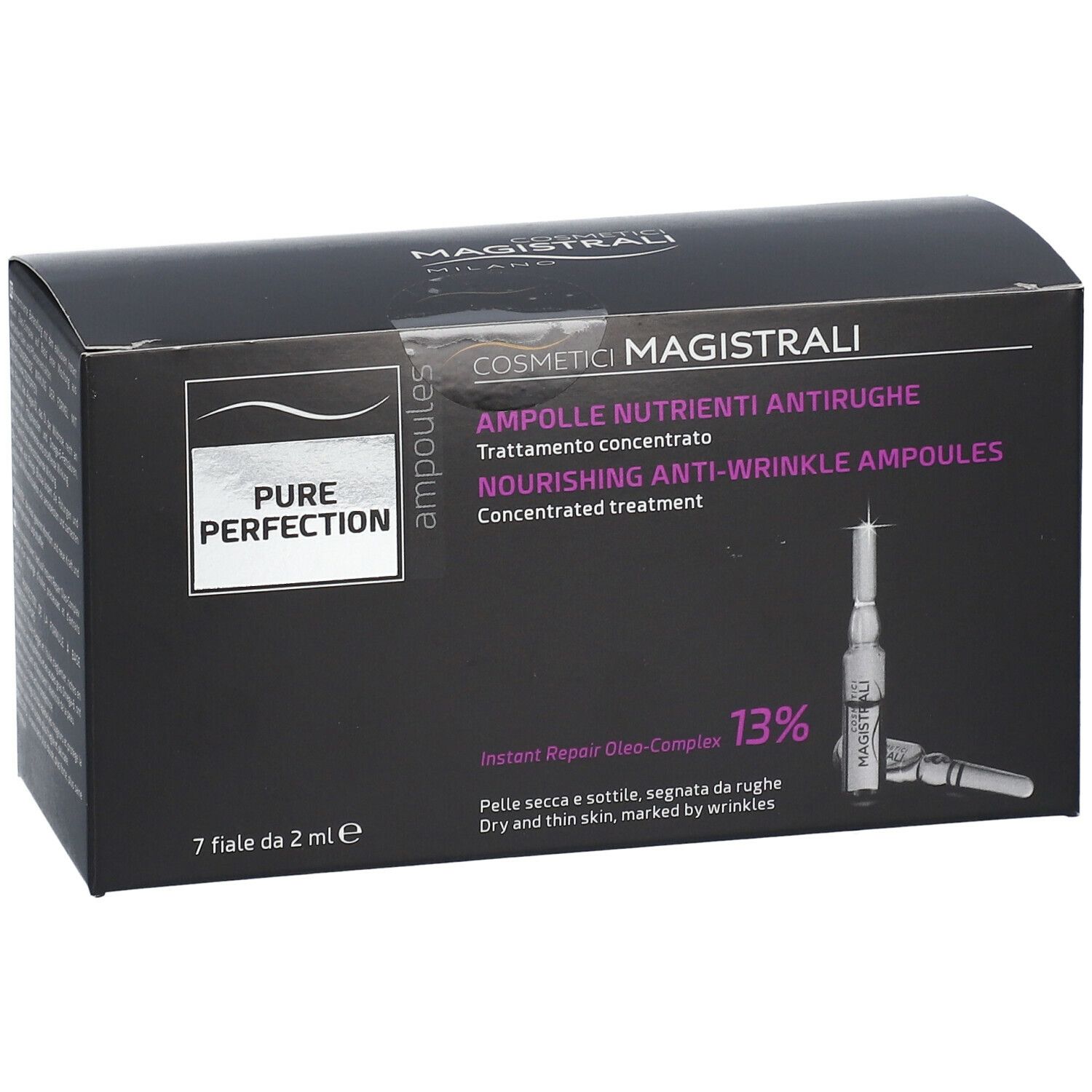 Scatola nera con fiale. Scritta: Cosmetici Magistrali, Pure Perfection, Ampolle Nutrienti Antirughe. 7 fiale.