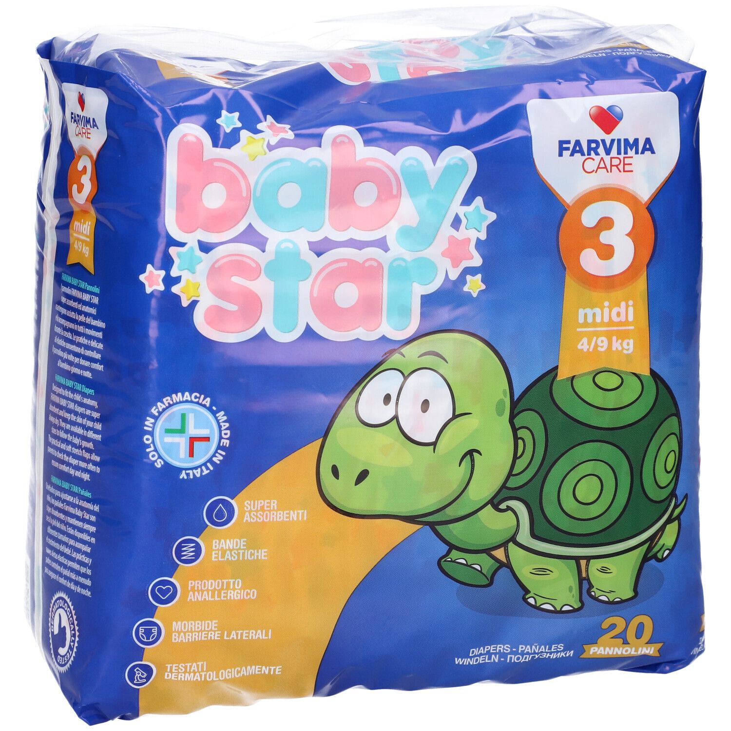 Blau verpackte Babywindeln mit Logo Baby Star, Schildkröten-Illustration und der Aufschrift "3 midi 4/9 kg". 20 Stück.