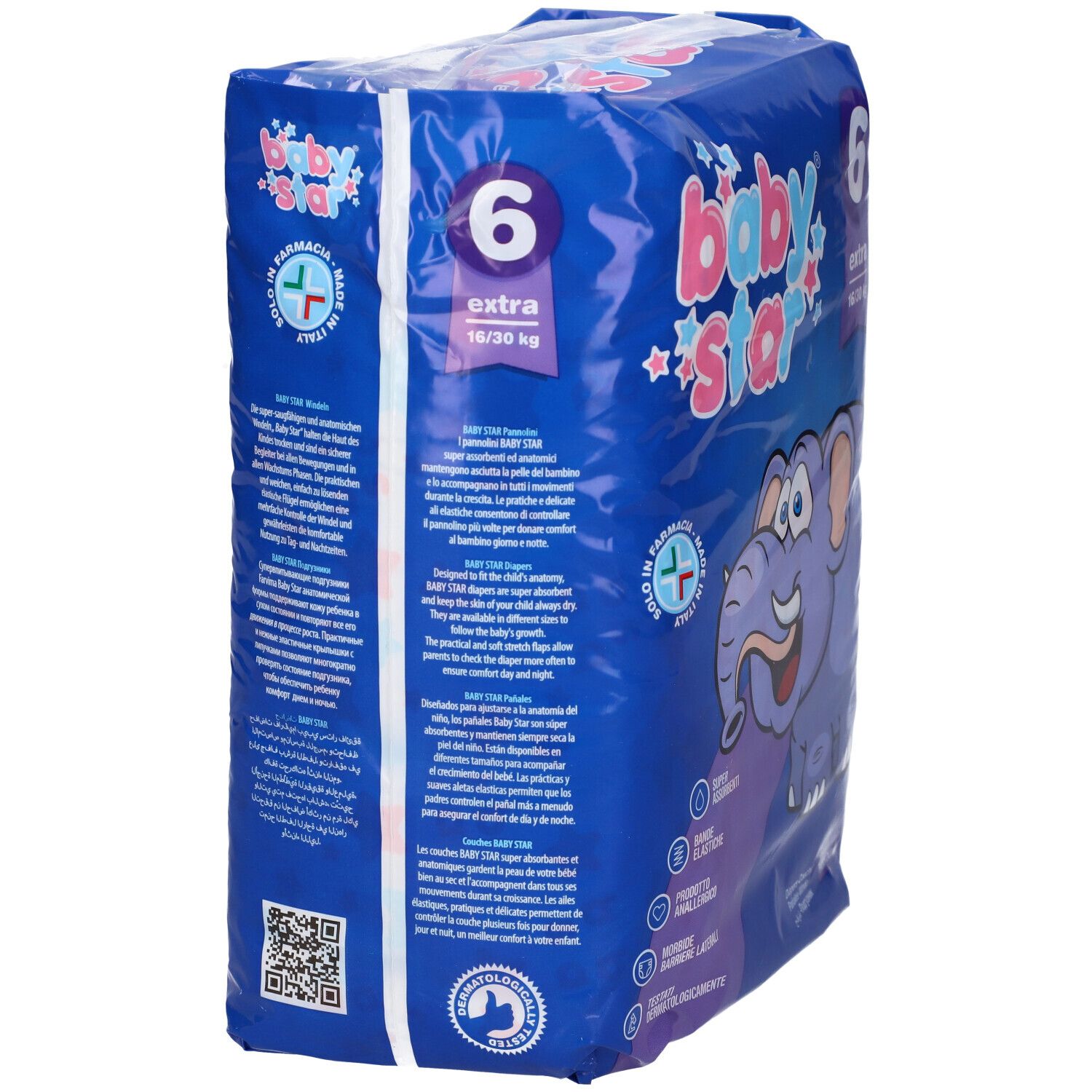 Blaues Babystar Windel-Paket. Größe 6, 16/30 kg. Mit einem Elefanten-Cartoon. Aufschrift: Babystar, Extra.
