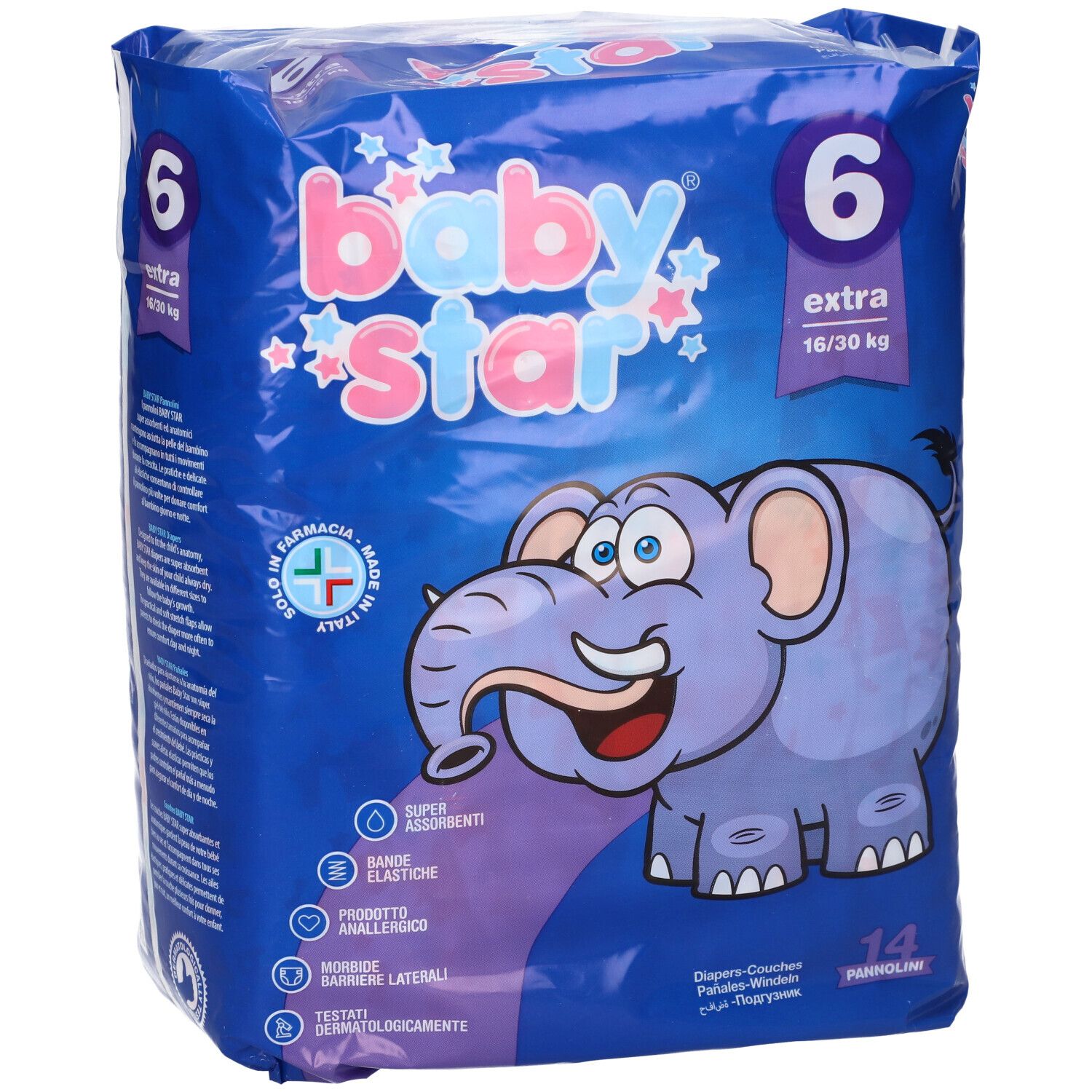 Blaues Babystar Windel-Paket. Größe 6, 16/30 kg. Mit Elefanten-Cartoon. Aufschrift: Babystar, Extra, 14 Stück.