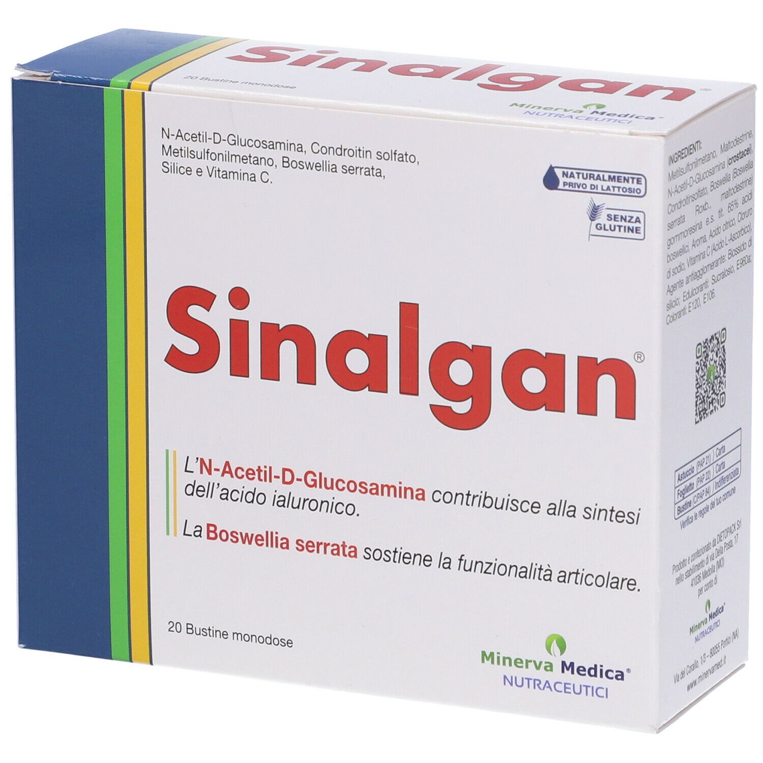 Scatola con scritta rossa "Sinalgan". Contiene 20 bustine. Sigillo "Senza glutine". Logo Minerva Medica.